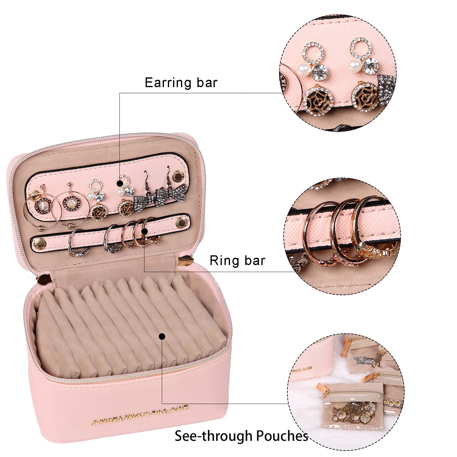 Angelina's Palace Jewelry Organizer Travel Case - Vegan Leather Storage Box for Necklace, Earrings, Bracelet & Ring - Bridesmaid Gift Idea (Soft Pink) | Perfect for Travel, Home Organization & Wedding Accessories