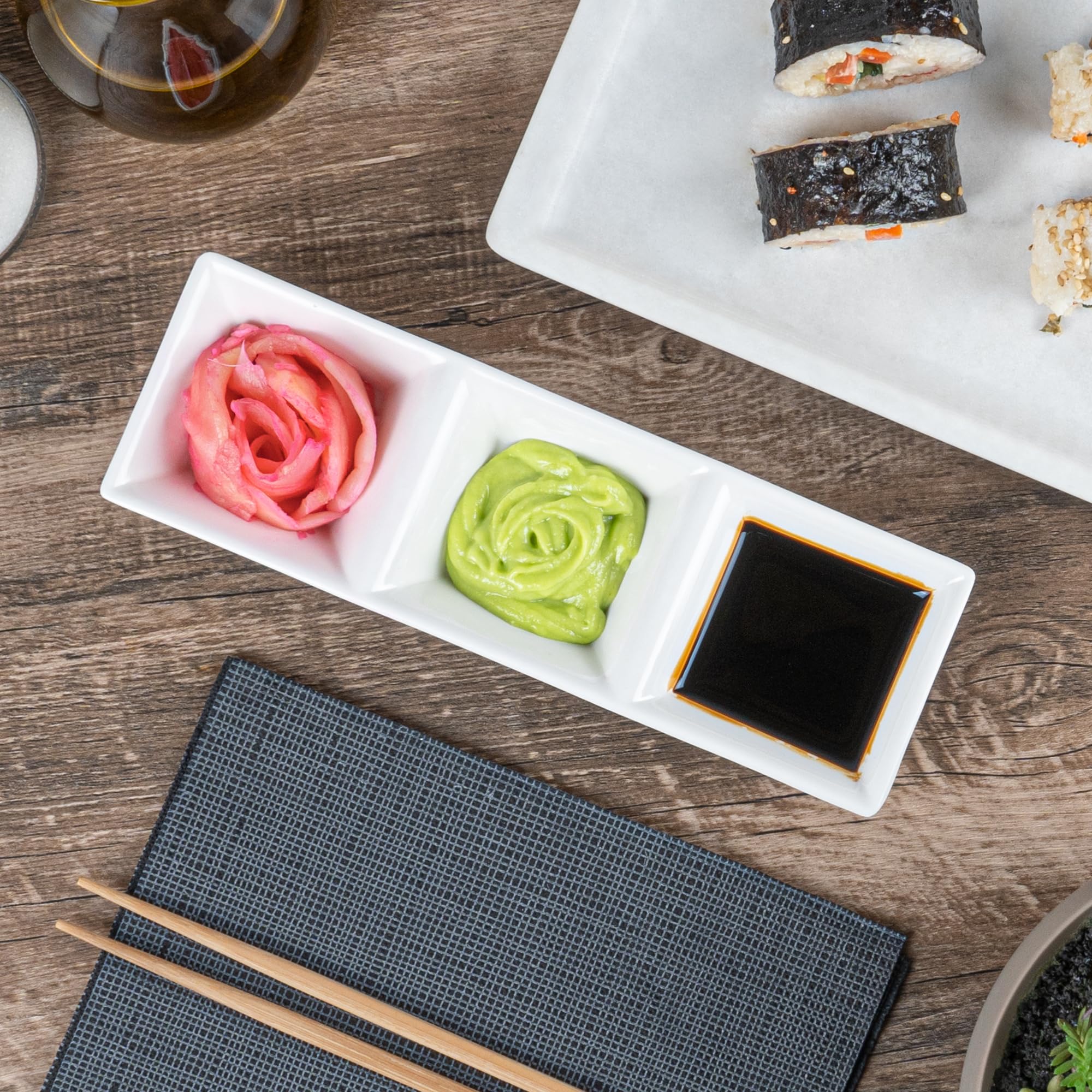 Voga 5 oz Square Melamine Serving Dishes - 3-Compartment Appetizer Plates for Dips, Snacks & Condiments | Party & Event Tableware | Durable White Restaurantware (Set of 10)