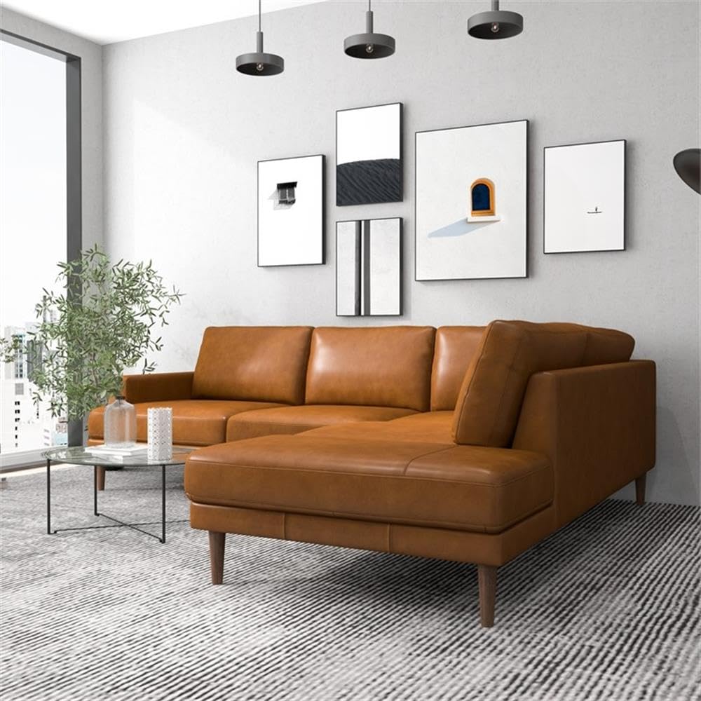 Premium ASHCROFT Aplee Modern Leather Corner Sectional Sofa - Tan Brown Genuine Leather Living Room Couch with Chaise Lounge | Perfect for Family Gatherings, Movie Nights & Contemporary Home Decor