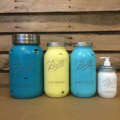 3-Piece Painted Mason Jar Kitchen Canister Set with Bonus Soap Dispenser - Turquoise, Yellow & White Food Storage Jars for Spices, Flour & Sugar | Farmhouse Kitchen Decor & Pantry Organization | Custom Colors Available