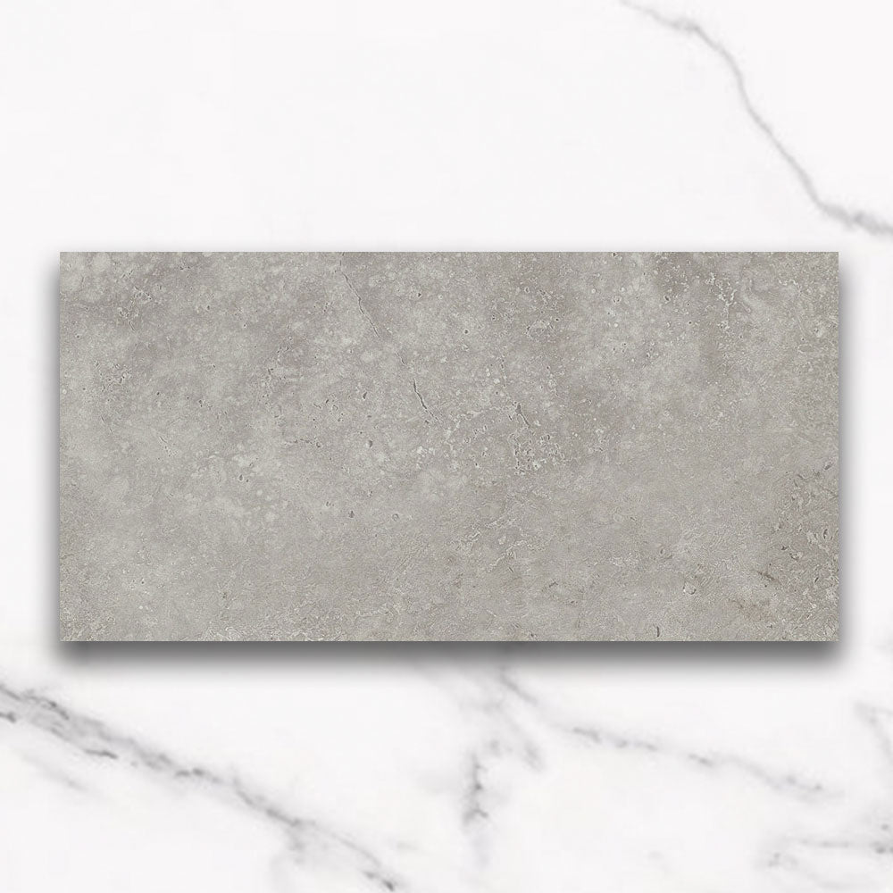 Kronos Mid Grey 300x600mm Porcelain Tile - Travertine Look Matte Finish for Bathroom & Kitchen Walls | Durable Ceramic Floor Tiles for Home Renovation