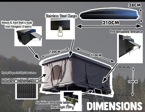 Ventura XL Fiberglass Hardshell Roof Top Tent - Lightweight Waterproof Camping Tent for SUV & Truck - Perfect for Overlanding, Road Trips & Outdoor Adventures