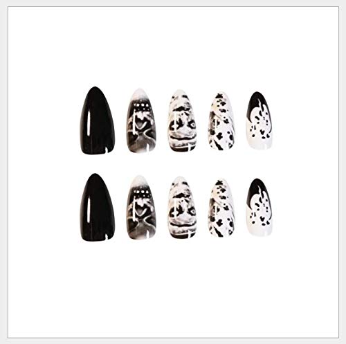 Gangel Skull Glossy Press-On Nails - Black & White Acrylic Fake Nails with Sharp Design, Full Cover Long False Nails for Women & Girls (24Pcs) - Perfect for Halloween Parties, Cosplay & Gothic Fashion