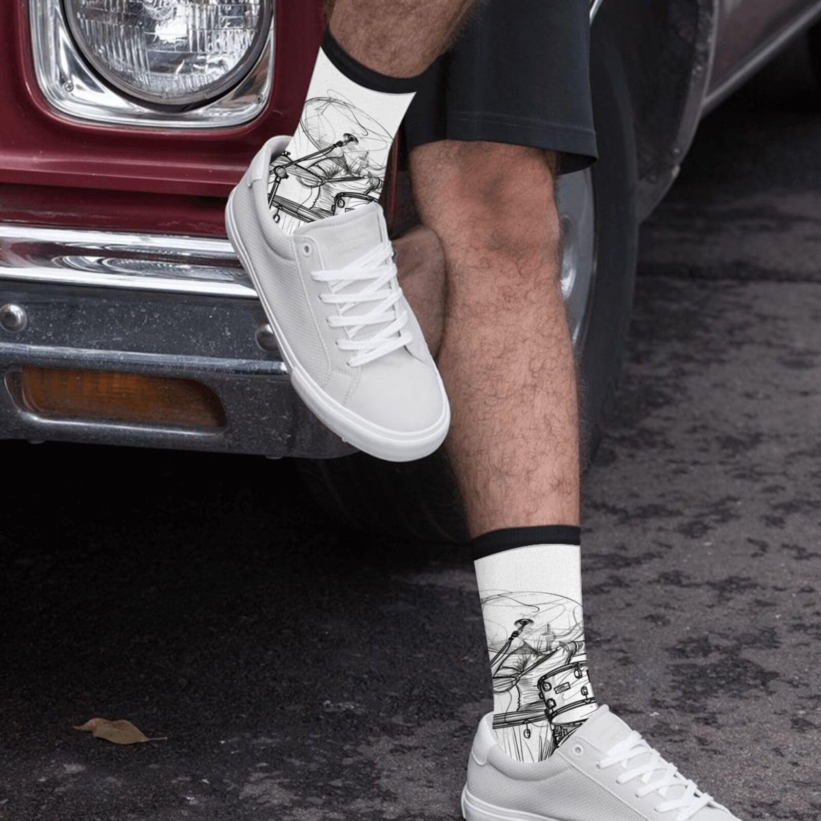 Funny Graffiti Sketch Drummer Music Novelty Crew Socks - Unisex Crazy Dress Socks for Men & Women (Black & White) - Perfect Gift for Musicians, Artists & Sock Lovers