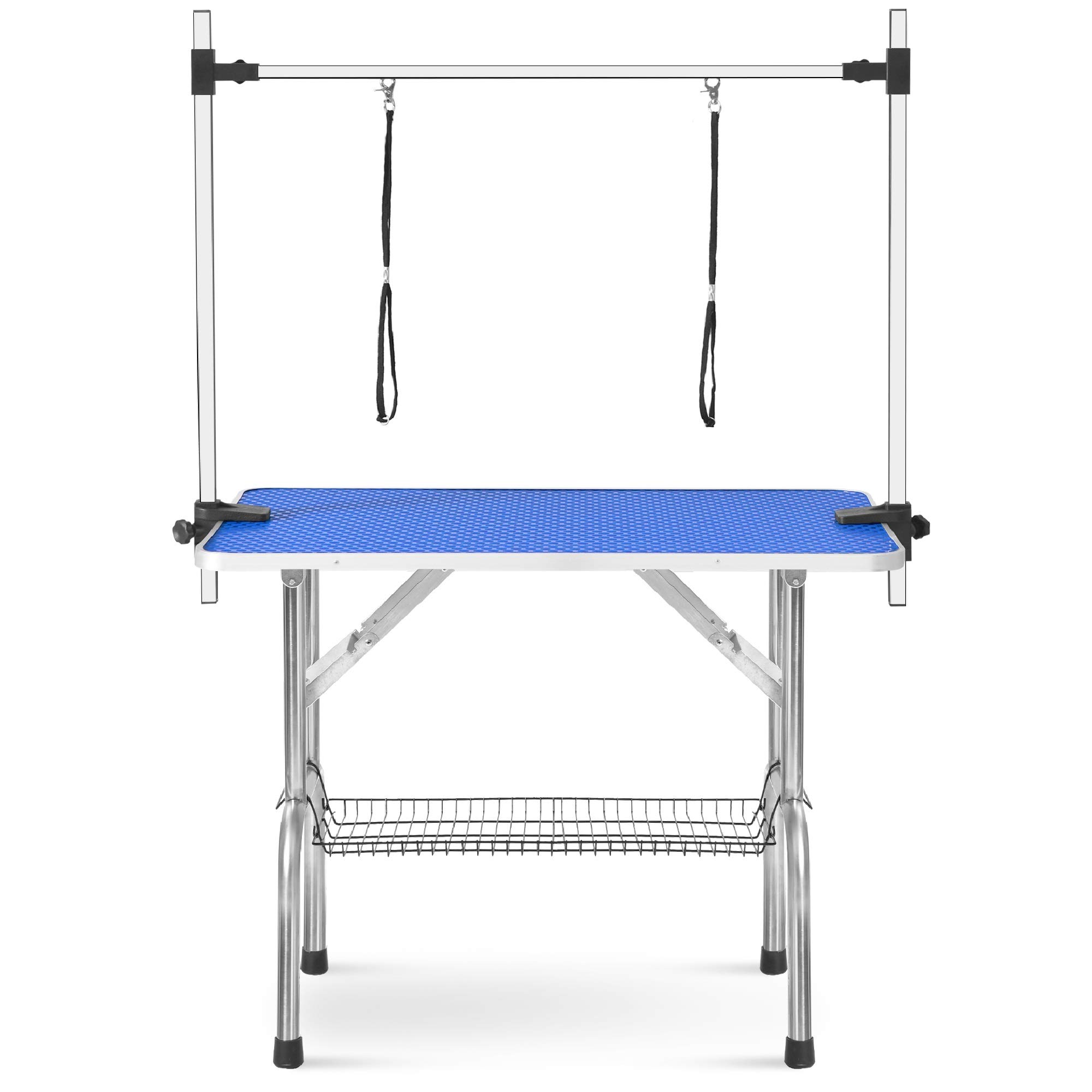 LZ LEISURE ZONE Adjustable Height Dog Grooming Table - Foldable Portable Pet Grooming Station with Non-Slip Rubber Surface & Mesh Tray - Perfect for Professional Groomers & Home Pet Care (Blue)