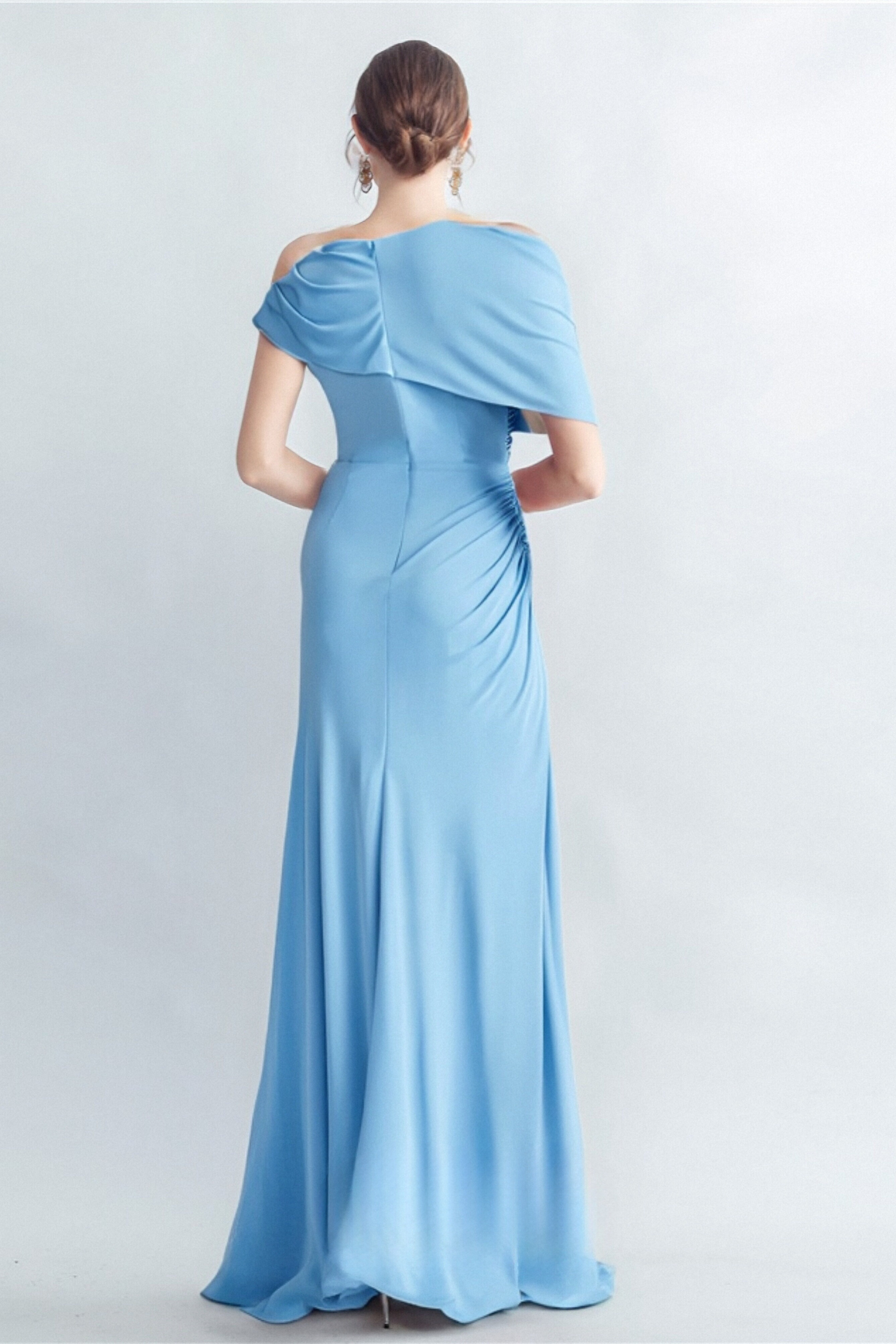 Elegant CASI SIDE SLIT DRAPED JERSEY GOWN in Blue - Perfect for Evening Parties, Weddings & Special Occasions