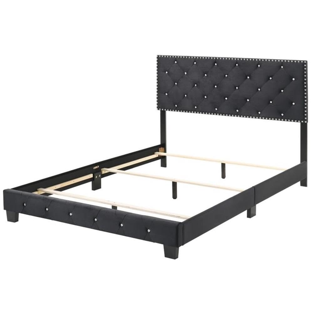 Glory Furniture Suffolk Velvet Upholstered Queen Bed Frame in Black - Luxurious Bedroom Furniture for Modern Home Decor