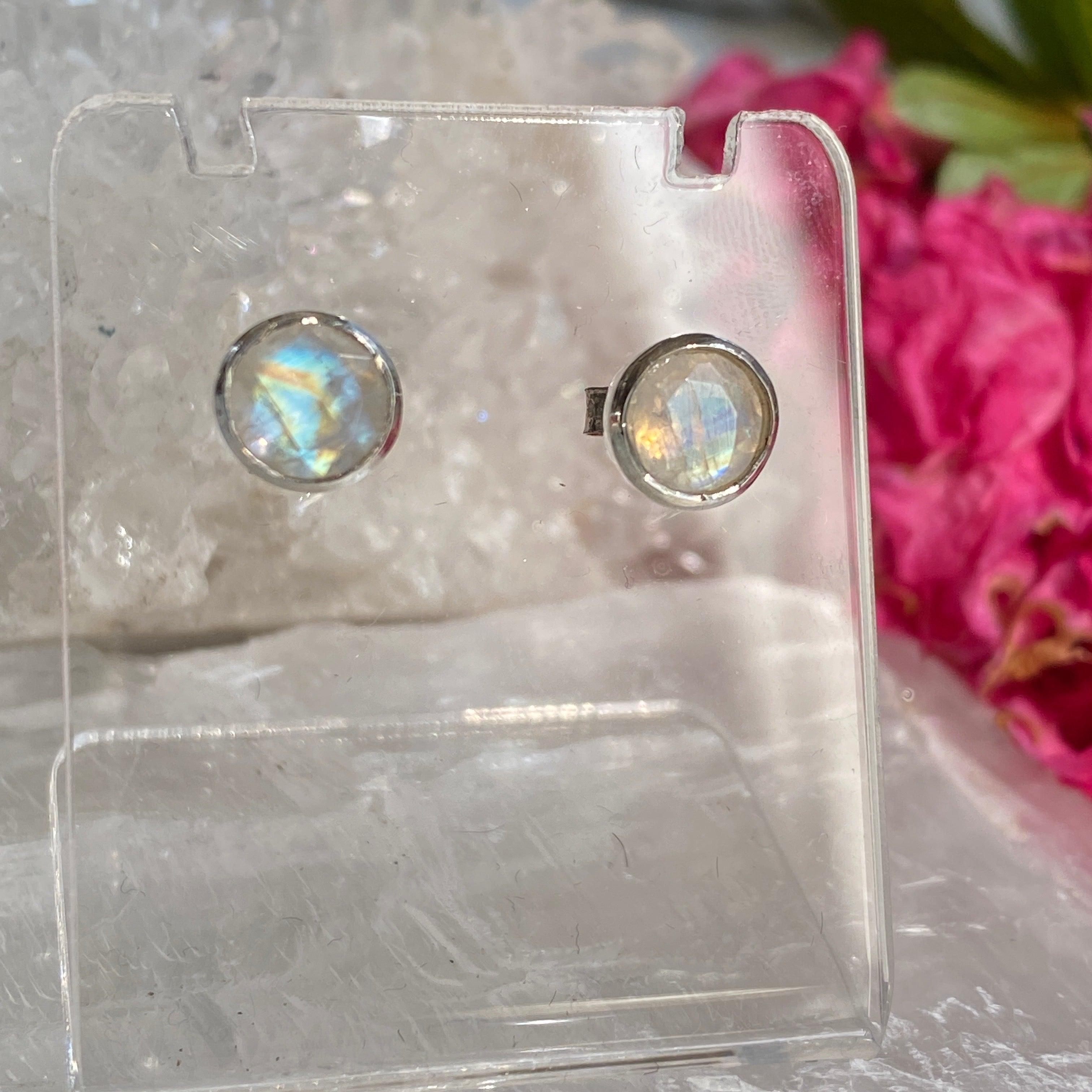 Moonstone Round Faceted Stud Earrings - Dainty Silver Jewelry for Women - Perfect for Everyday Wear, Parties & Gifts