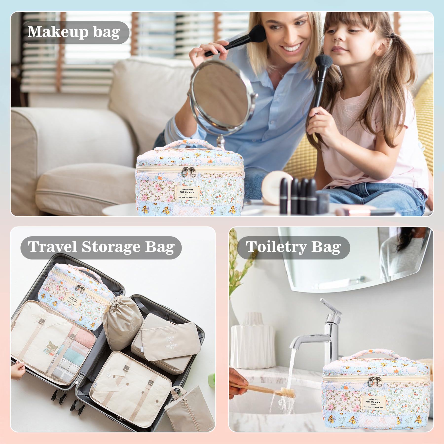 3Pcs Floral Makeup Bag Set - Large Quilted Cotton Cosmetic Organizer for Women | Travel & Daily Use