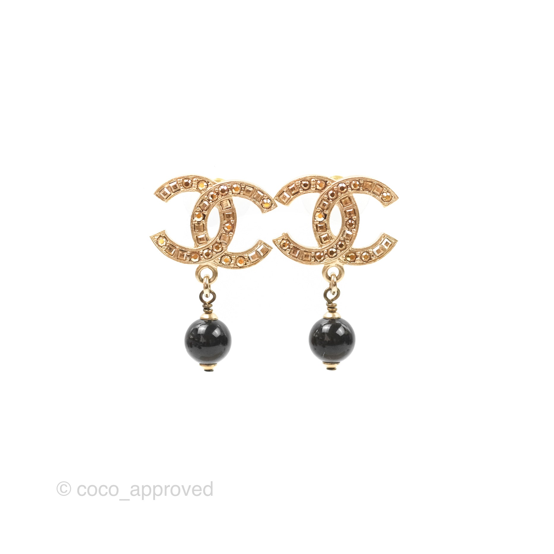 Chanel Champagne Crystal CC Black Bead Drop Earrings Gold Tone 21S - Luxury Fashion Jewelry for Women, Perfect for Parties, Weddings & Special Occasions