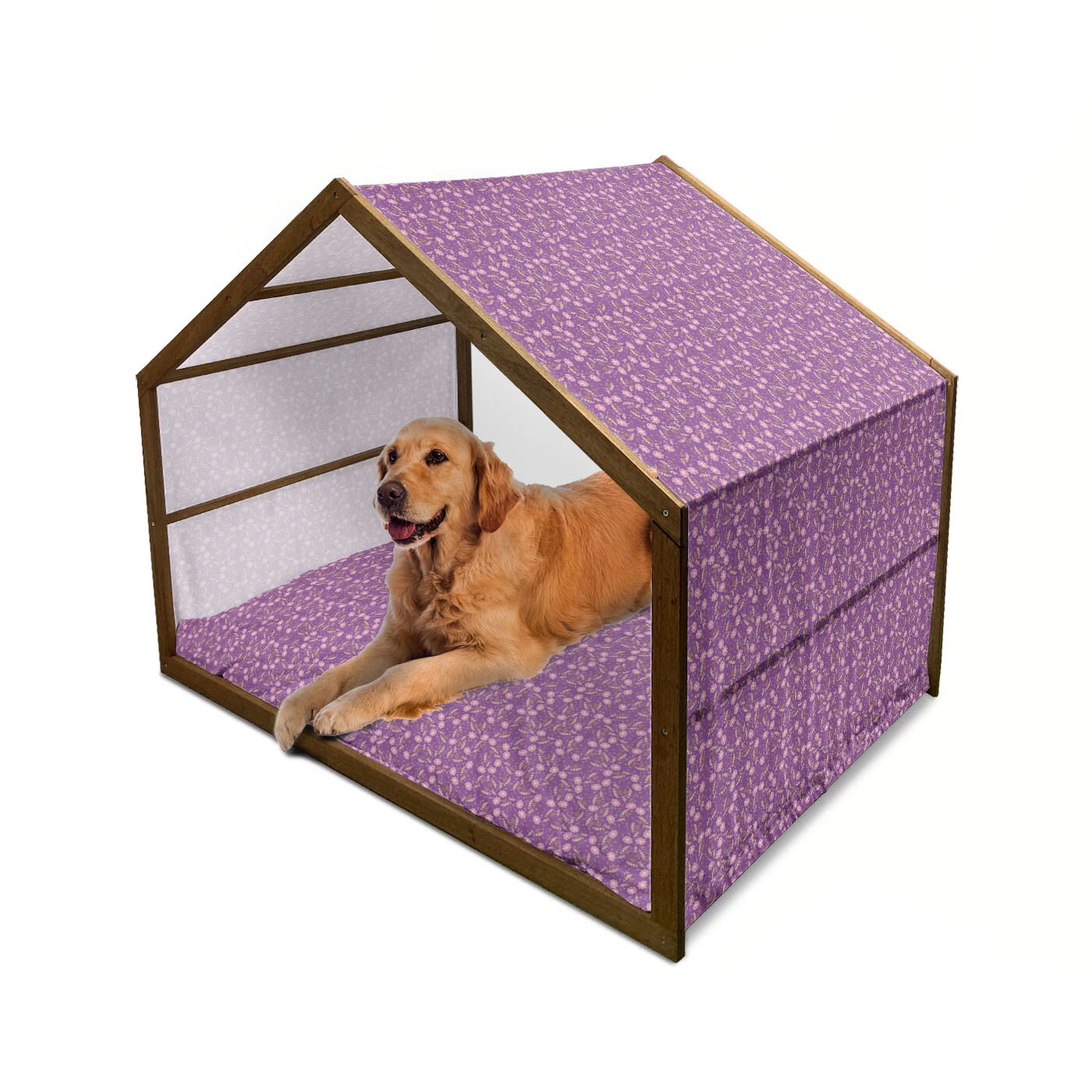 Ambesonne Floral Wooden Dog House - Large Indoor & Outdoor Portable Pet Kennel with Pillow & Cover, Romantic Blooming Petals Design in Pale Pink Marigold - Perfect for Backyard, Patio, Garden or Living Room Pet Shelter
