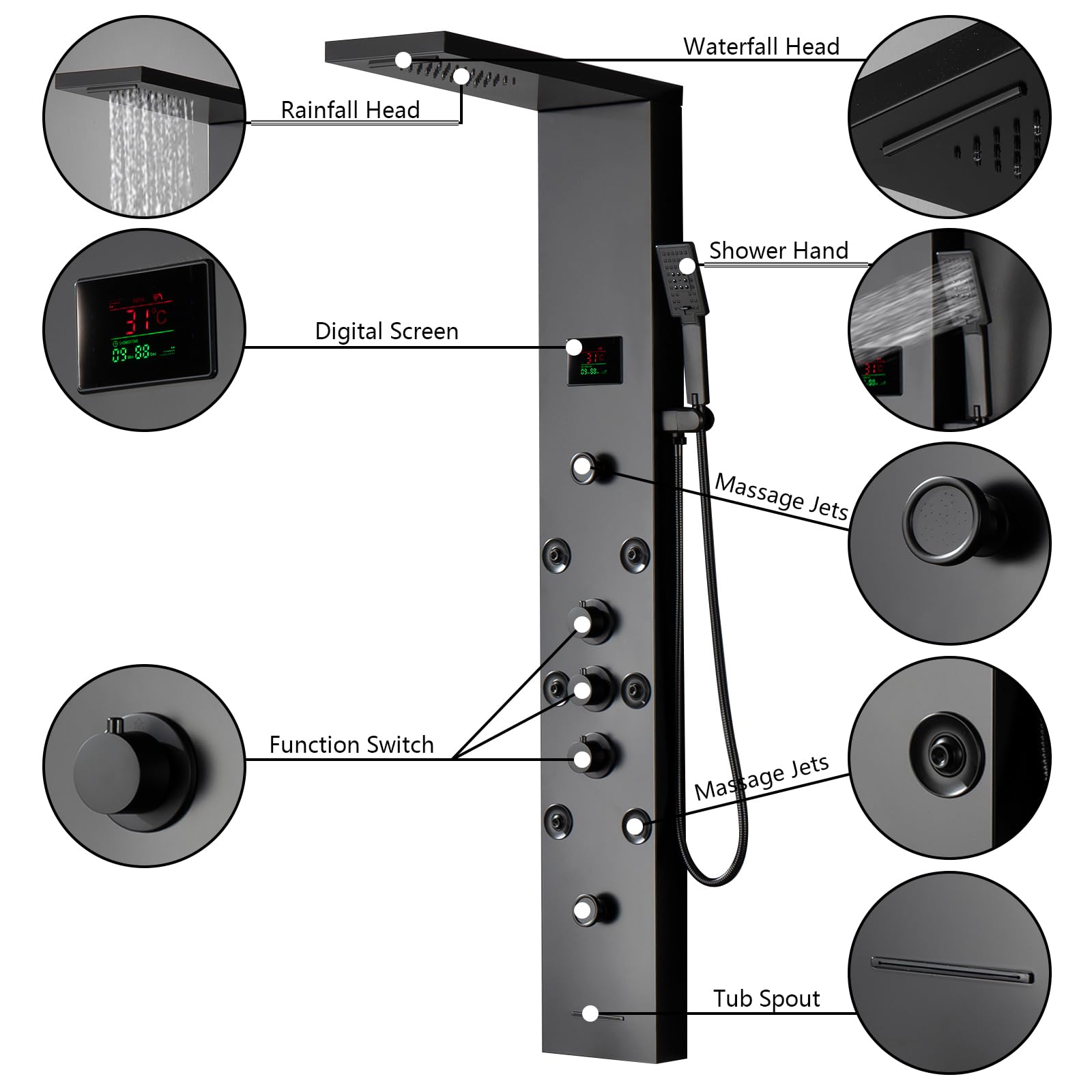 Black LED Shower Panel with Temperature Display - 304 Stainless Steel Shower Tower System, Rainfall Shower Head & Handheld Massage Jets for Modern Bathroom | Perfect for Spa-Like Experience, Wall Mount Waterfall Design for Bathtub or Standing Shower
