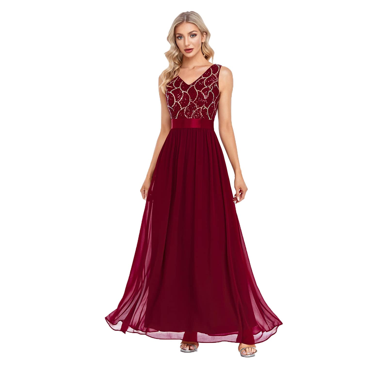 Elegant V-Neck Sequins Long Evening Dress for Women - Sleeveless Tulle Maxi Gown for Wedding Guest, Prom, Party & Special Occasions