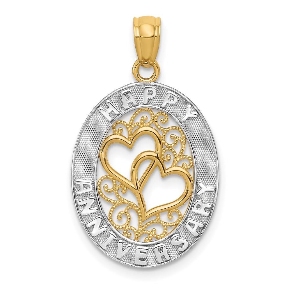 14K Yellow Gold & Rhodium Plated Happy Anniversary Heart Pendant Necklace - 26mm x 15mm Romantic Gift for Wife, Girlfriend - Perfect for Anniversaries, Valentine's Day & Special Occasions