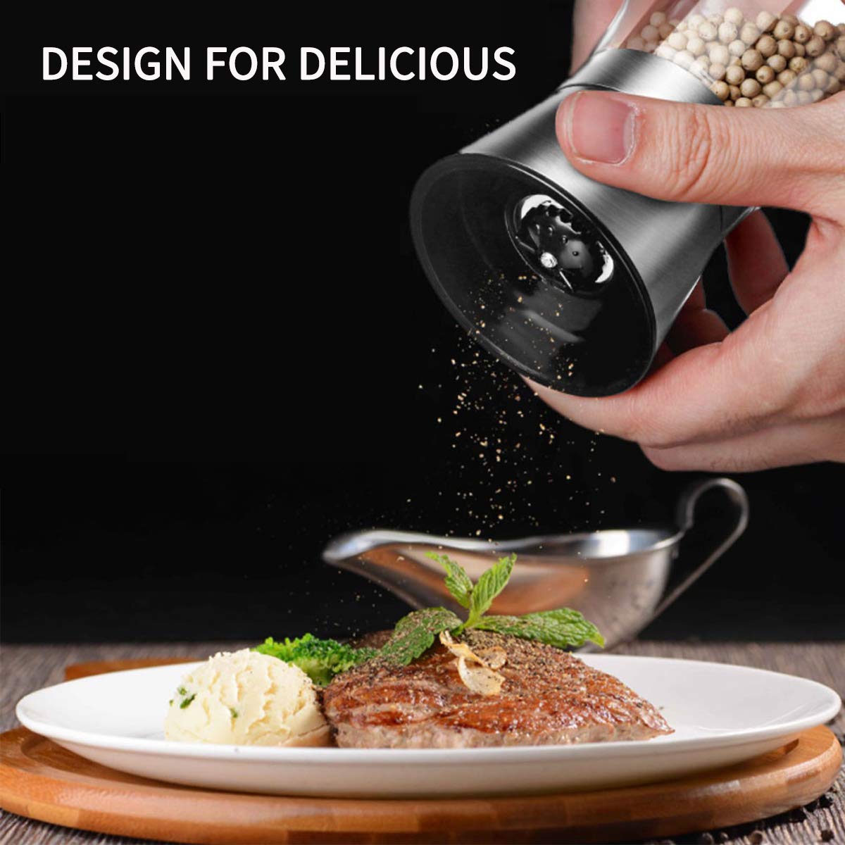 Premium Stainless Steel Manual Salt and Pepper Grinder Set - Adjustable Ceramic Spice Mill with Refillable 6oz Glass Body - Ideal for Kitchen, Camping & Gourmet Cooking