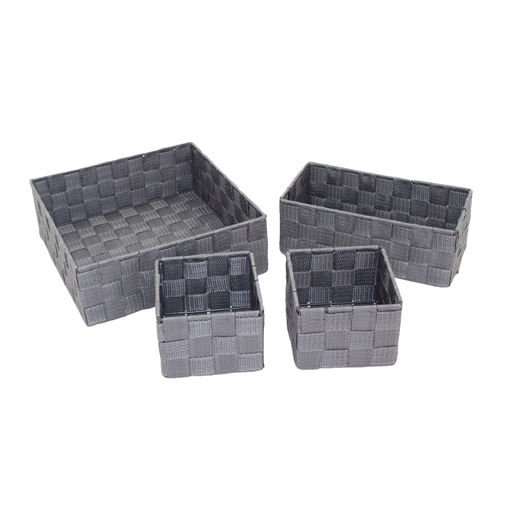 Durable Metal Frame Woven Storage Baskets Set of 4 - Handmade Ribbon Woven Organizer Bins for Home Office & Bathroom Organization (Gray) - Perfect for Shelves, Countertops & Closet Storage