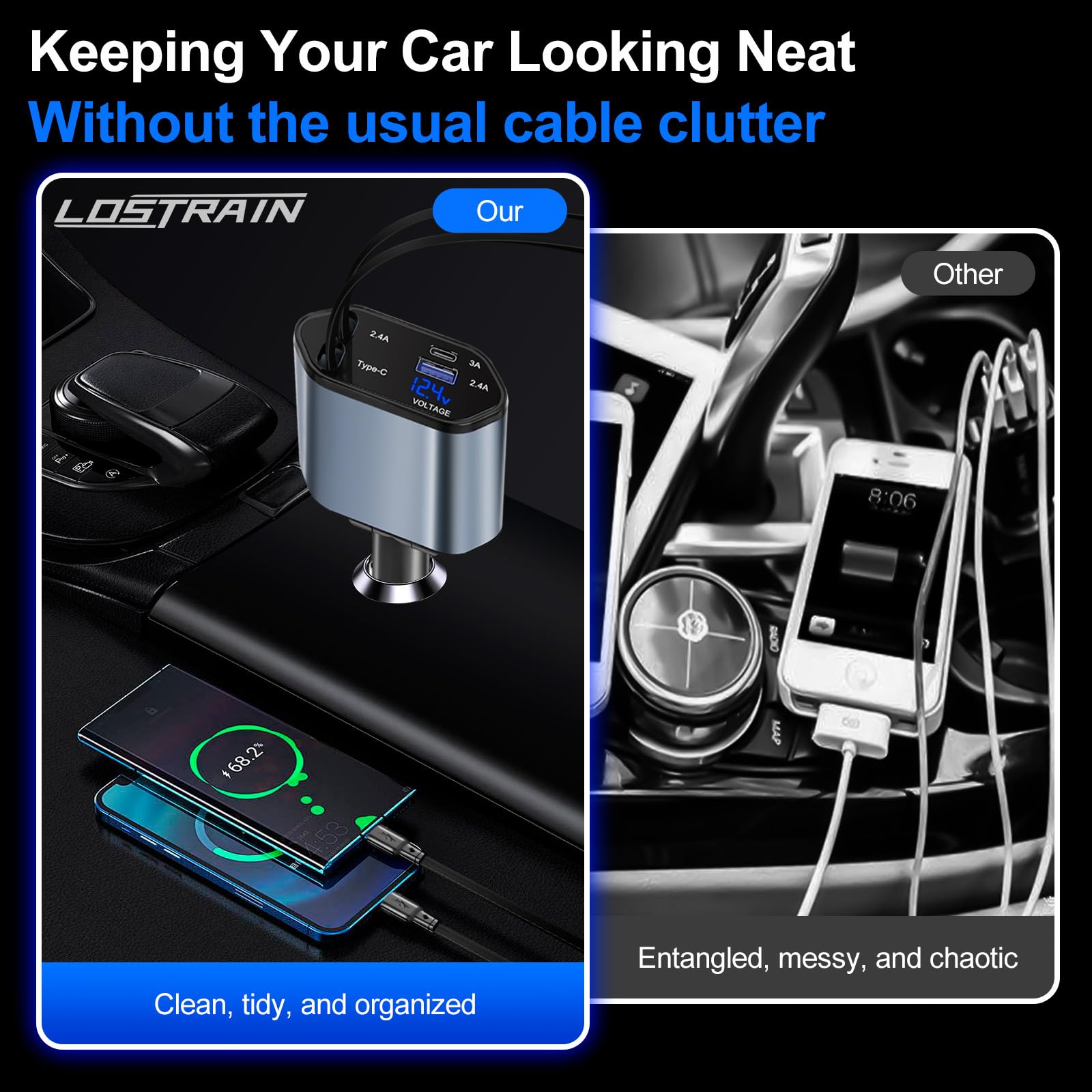 Lostrain Retractable Car Charger - Fast 4-in-1 USB C Car Phone Charger with 2 Retractable Cables (Type C & Lightning) & 2 USB Ports - Compatible with iPhone 15/14/13, Samsung Galaxy S23/S22, Google Pixel, iPad - Perfect for Road Trips, Commuting & Travel Charging