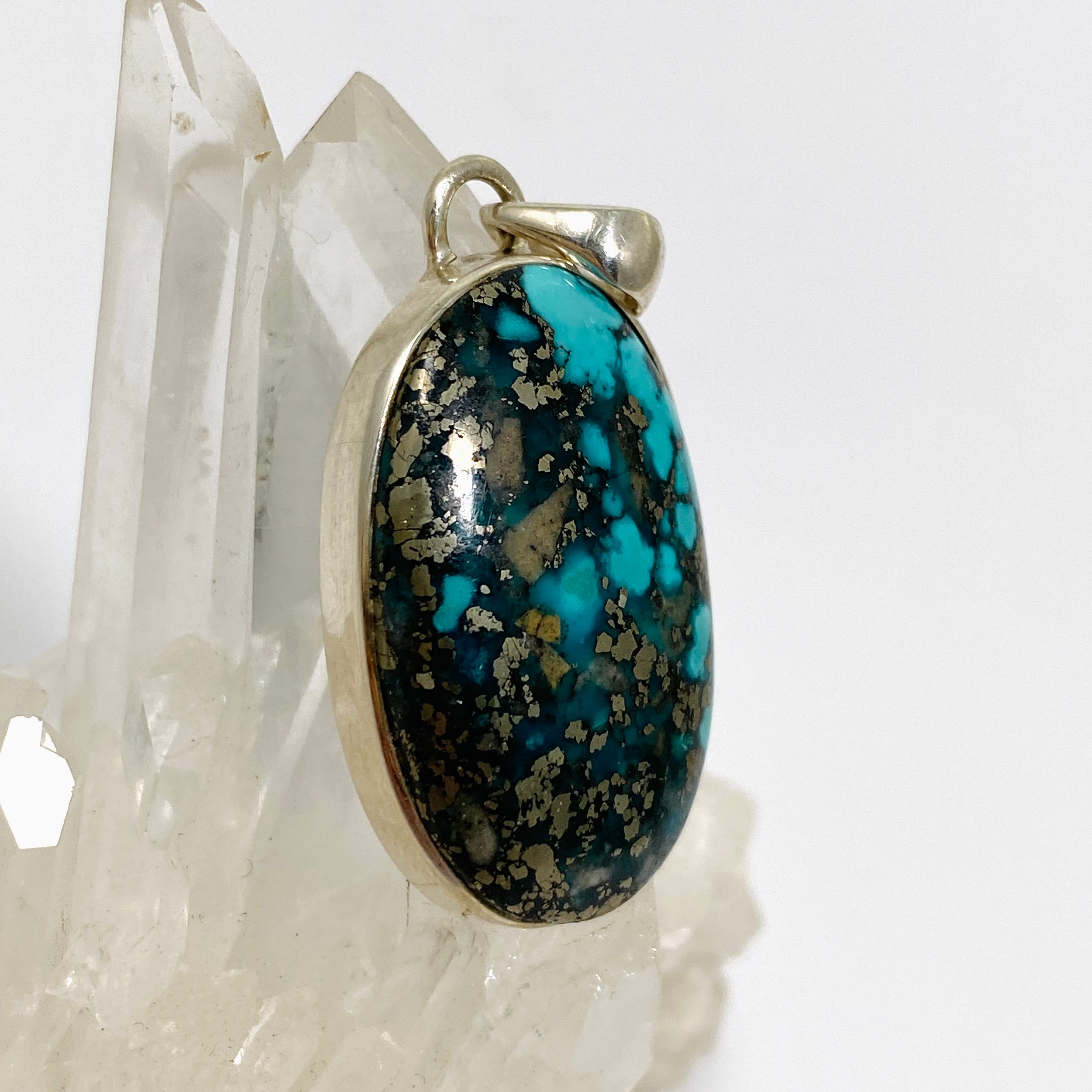 Natural Persian Turquoise with Pyrite Oval Cabochon Pendant - Genuine Iranian Gemstone Jewelry for Women - Perfect for Boho Chic & Southwest Style Outfits
