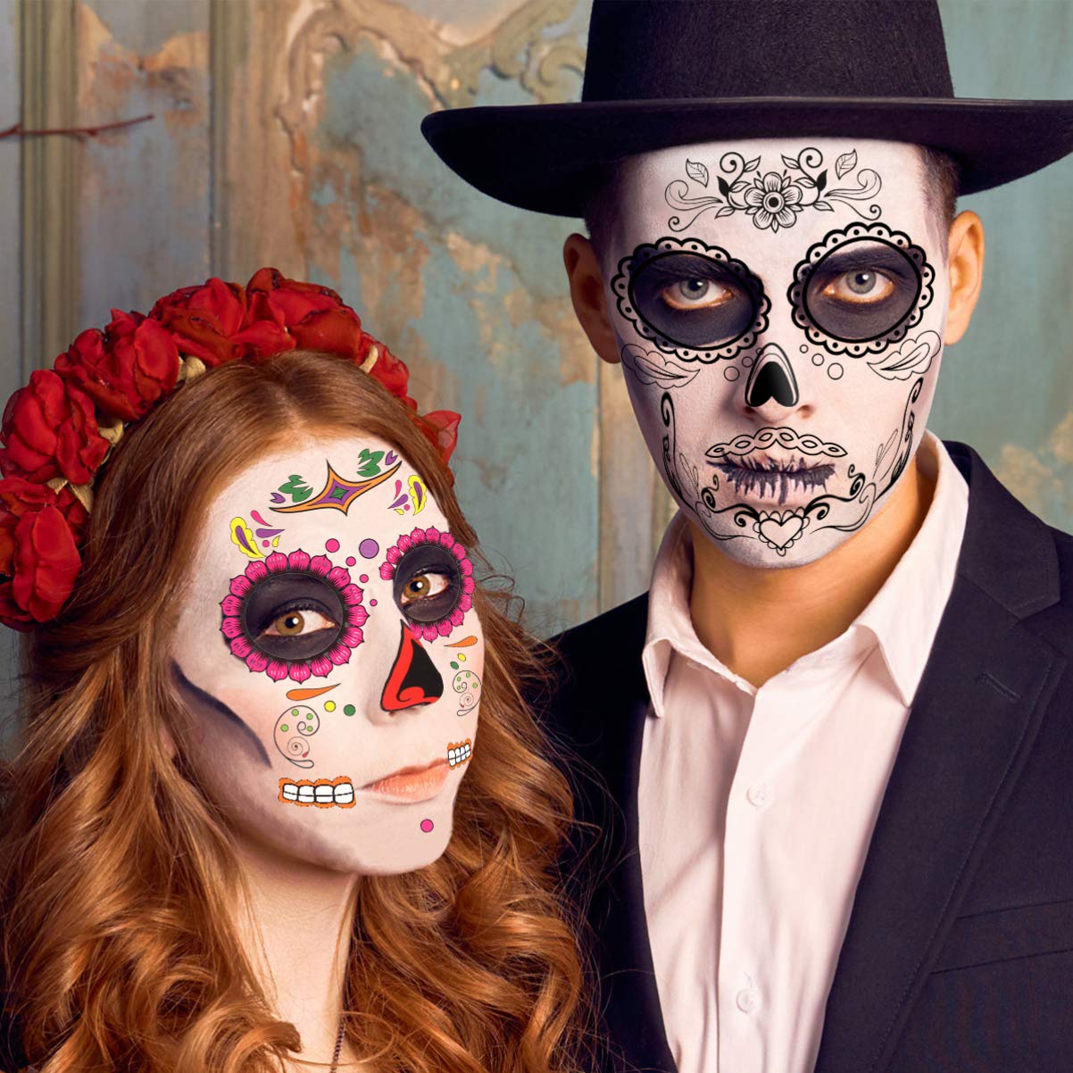 FRCOLOR 10 Sheets Halloween Temporary Tattoos - Day of The Dead Face Tattoos with Skull & Rhinestone Designs for Cosplay, Parties & Makeup | Perfect for Halloween Costumes, Festival Body Art & Themed Events