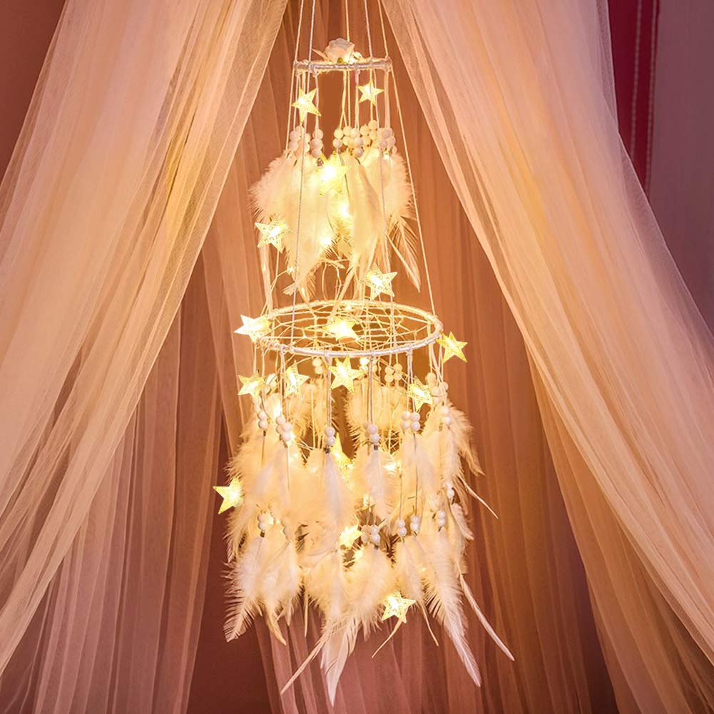 Dremisland Double Circle White Feather Dream Catcher with LED Fairy Lights - Boho Wall Hanging Decor for Bedroom, Nursery, Wedding & Party | Mobile Ceiling Ornament, Home Decoration, Gift Idea