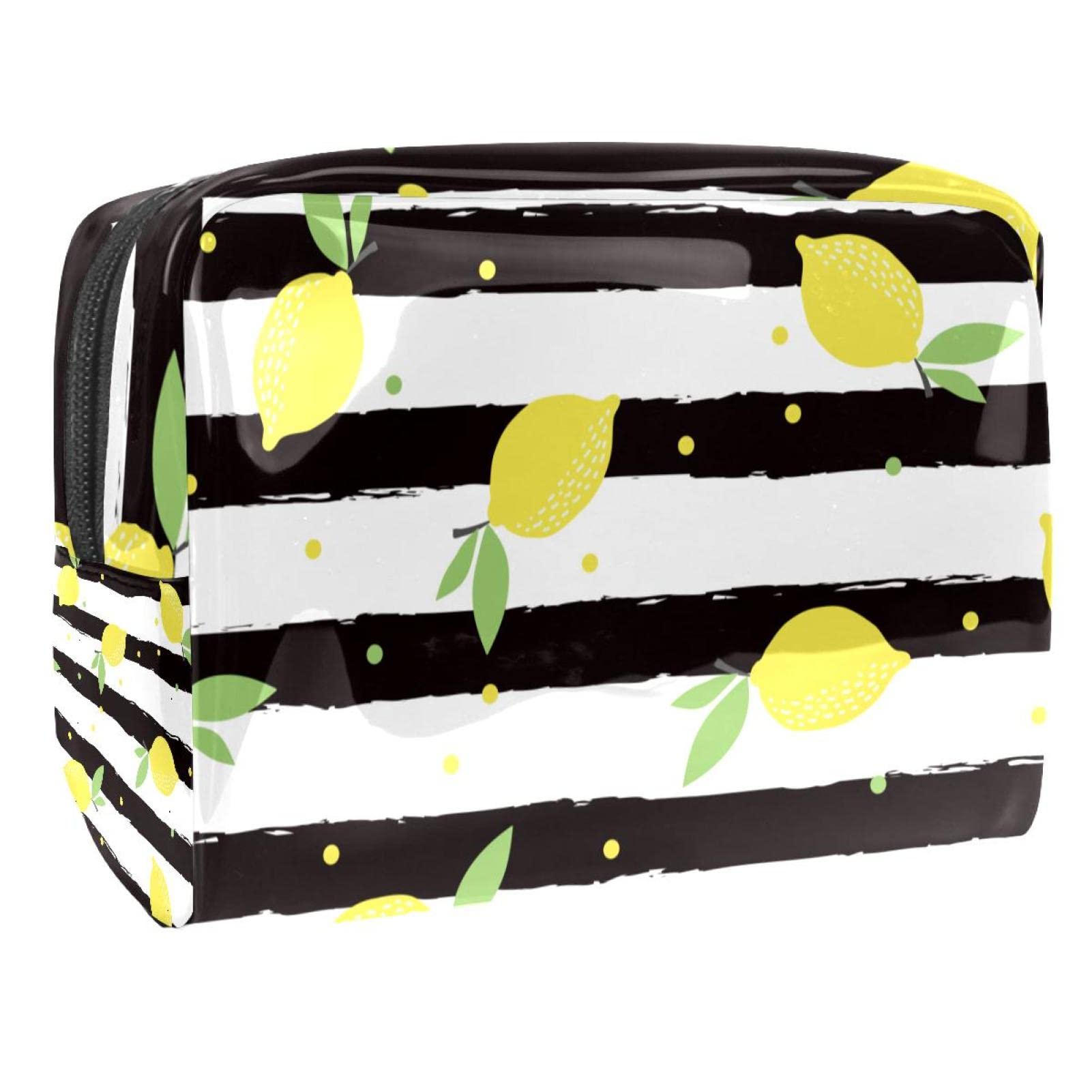 Small Travel Makeup Bag for Women - Lemon Black White Stripe Cosmetic Pouch | Waterproof Toiletry Organizer for Gym, Vacation & Daily Use