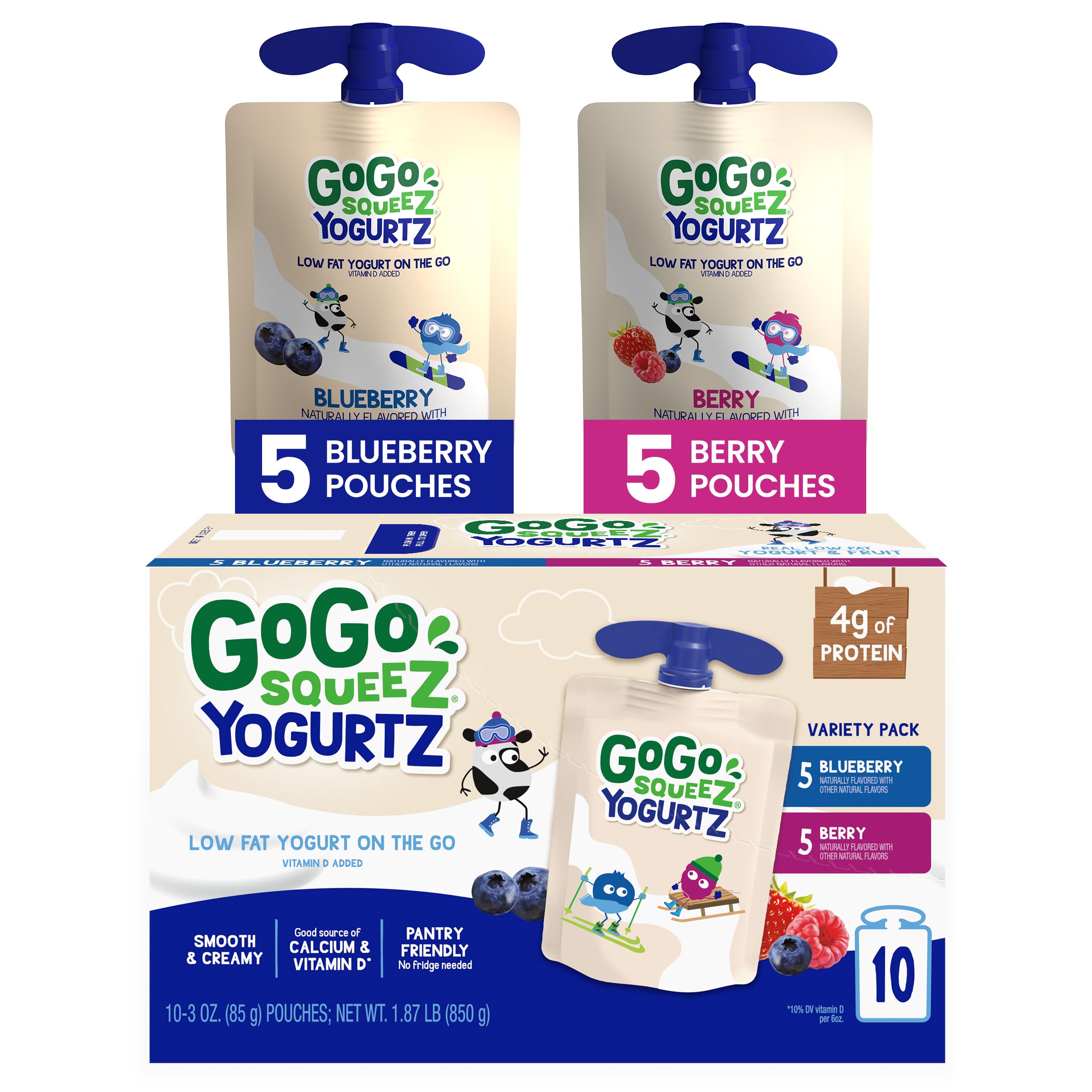 GoGo squeeZ YogurtZ Variety Pack - Berry & Blueberry Flavored, 3 oz (10 Pouches) | Healthy Kids Snacks Made with Real Yogurt & Fruit | No Refrigeration Needed, Gluten Free, Kosher Certified, No Preservatives | Perfect for School Lunches, Road Trips & On-the-Go Snacking