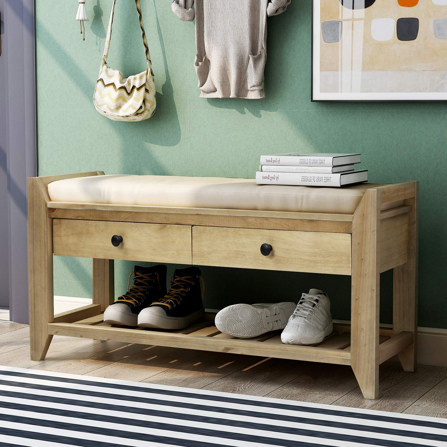 Gray Wash Shoe Bench with Cushion & Drawers - Entryway Storage for Hallway & Living Room