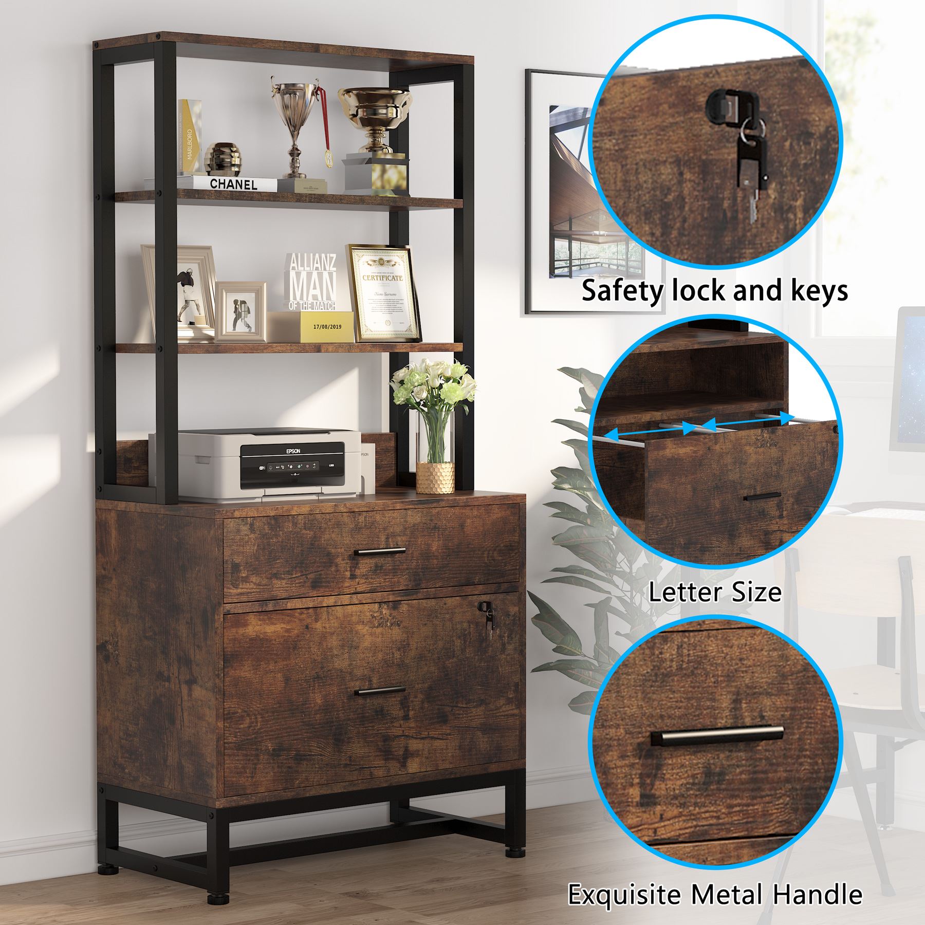 2-Drawer Locking File Cabinet with Bookshelf - Secure Vertical Filing Storage for Office, Home & School Organization