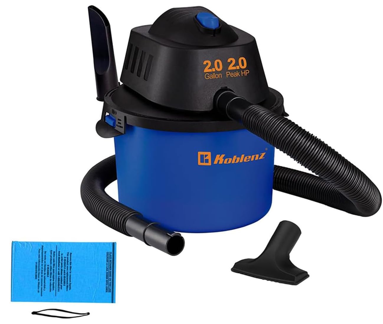 Koblenz WD-2L 2-Gallon Portable Wet Dry Vacuum Cleaner with 2 HP Motor - Powerful Suction & Blower for Liquids, Dust, Pet Hair - 10-Foot Reach - Ideal for Home, Car, Garage & Workshop (Blue/Black) - Includes Accessories | Perfect for Quick Spill Cleanup & Deep Cleaning