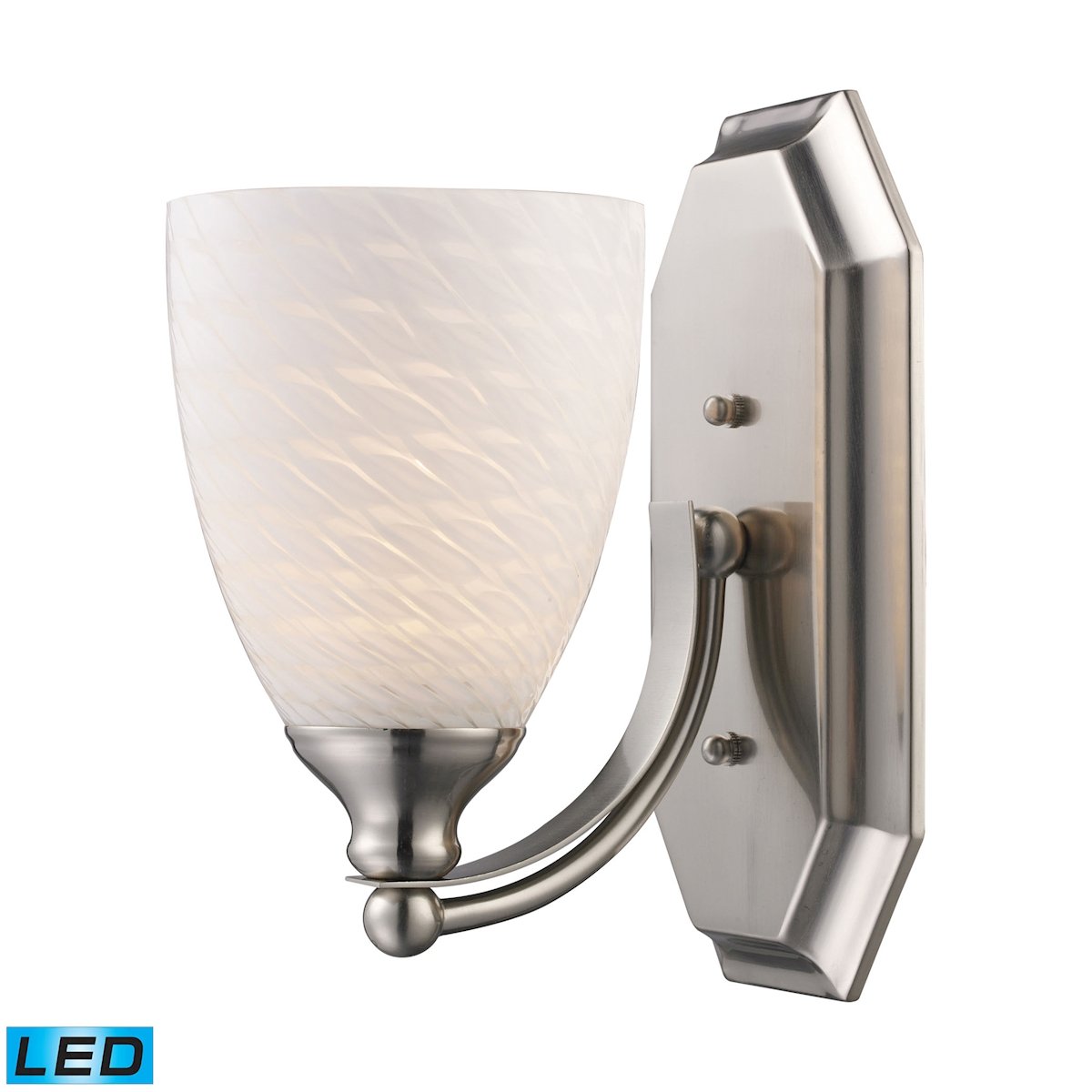 Mix-N-Match Vanity 1-Light Wall Sconce in Satin Nickel with White Swirl Glass Shade - Includes Energy Efficient LED Bulb for Bathroom, Bedroom or Hallway Lighting