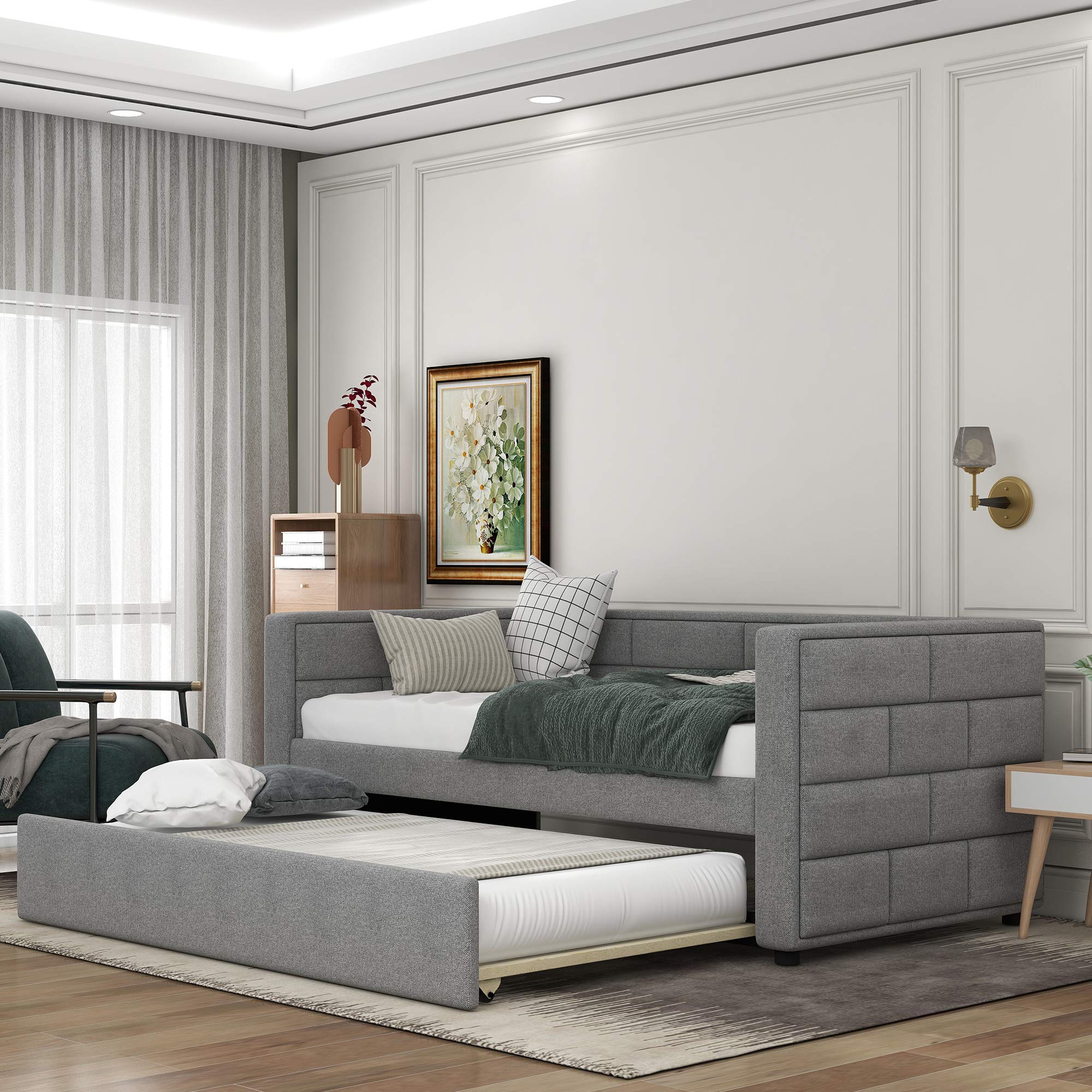 Polibi Twin Size Upholstered Daybed with Trundle - Gray Convertible Sofa Bed with Padded Back & Sides | Perfect for Guest Room, Small Space & Dormitory