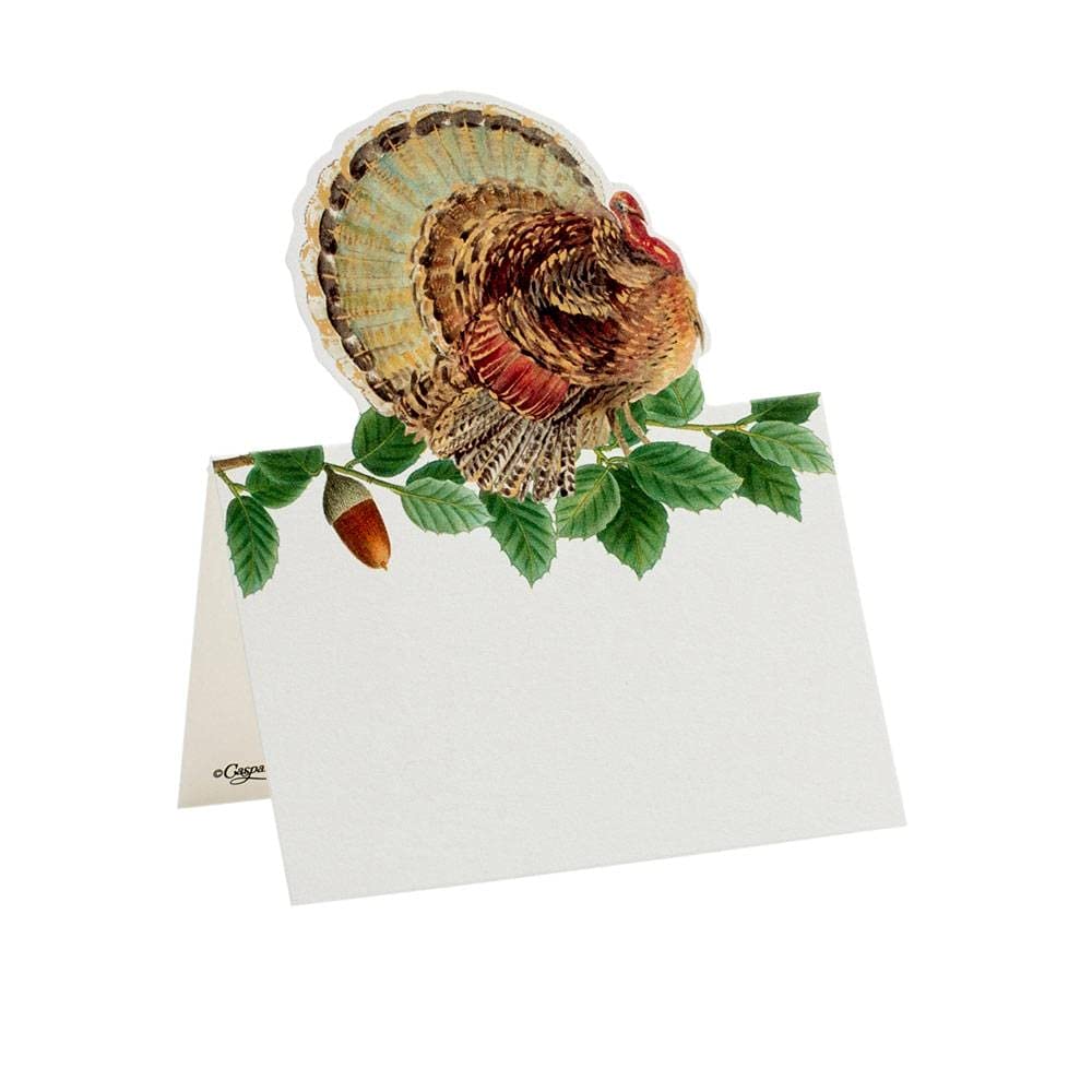 Elegant Caspari Turkey & Acorns Place Cards - Set of 8 for Thanksgiving Table Settings & Fall Dinner Parties
