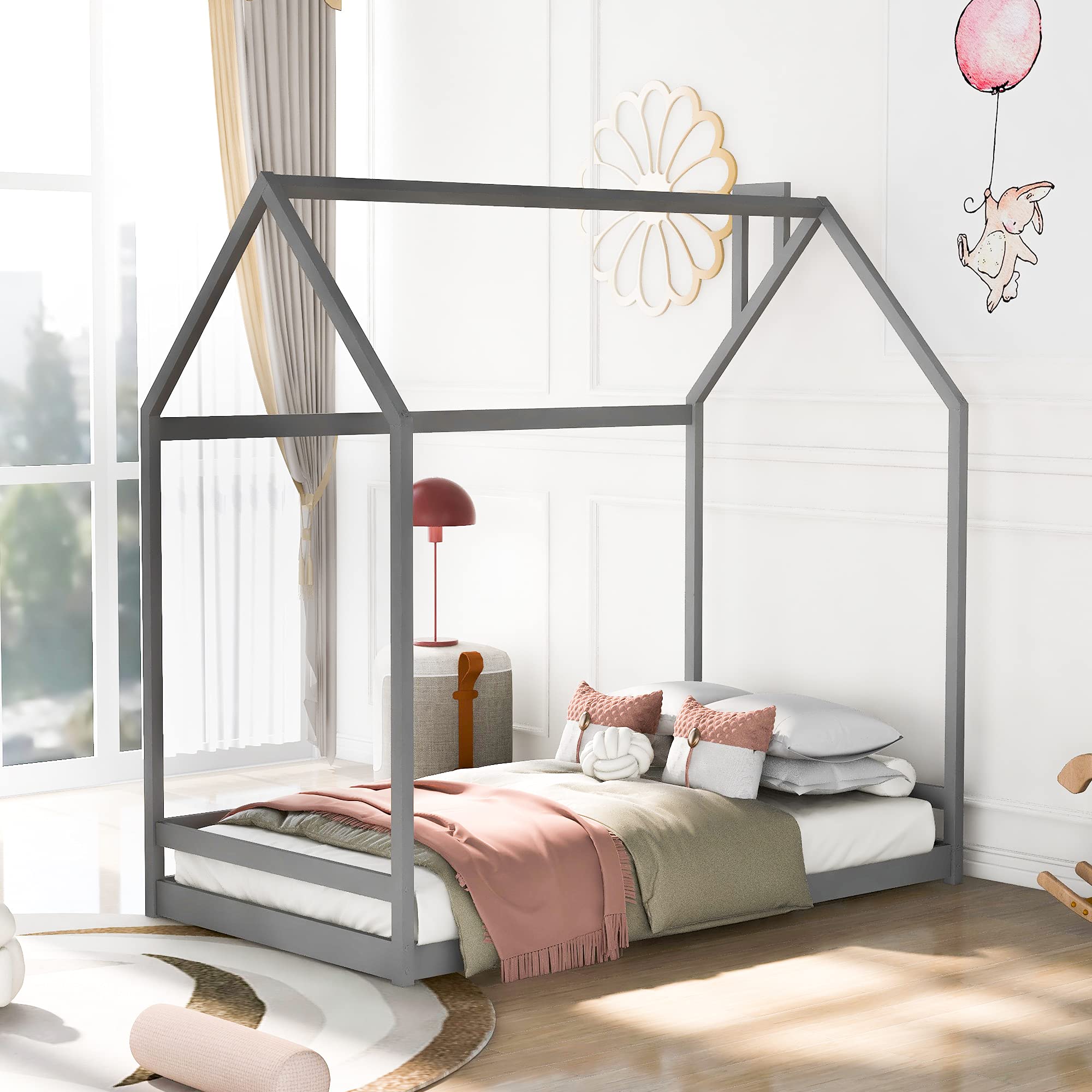 LZ LEISURE ZONE Twin House Bed Frame - Solid Wood Kids Bed with Safety Rails, Grey Twin Size House-Shaped Bed for Toddlers & Children | Perfect for Bedrooms, Playrooms & Sleepovers