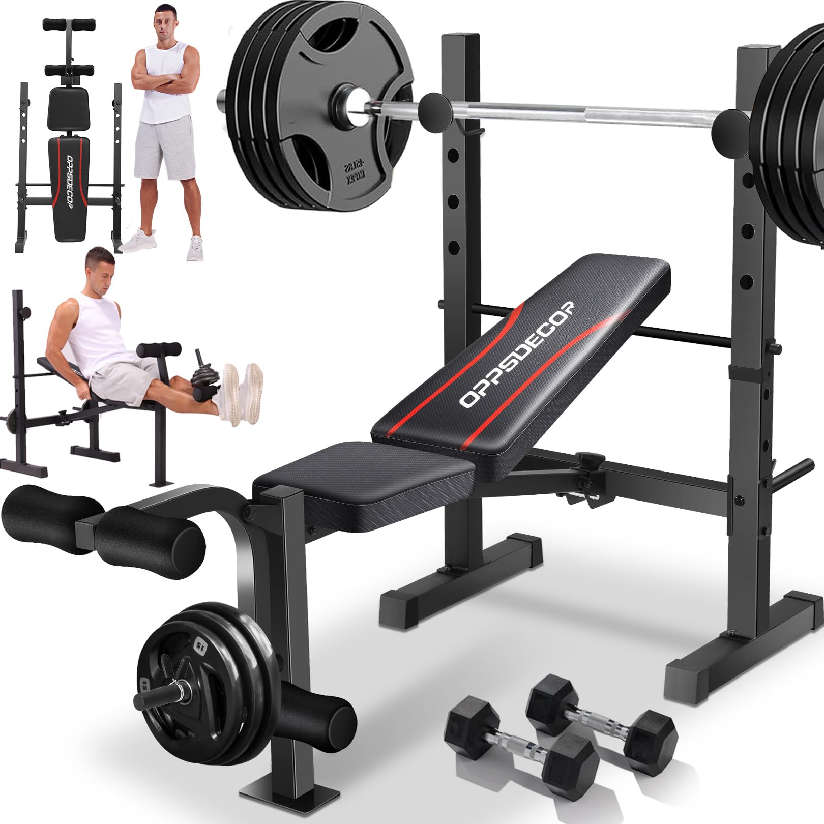OPPSDECOR 600LBS Adjustable Weight Bench Set with Squat Rack & Leg Extension - Foldable Home Gym Equipment for Full Body Workout | Perfect for Strength Training, Muscle Building & Home Fitness