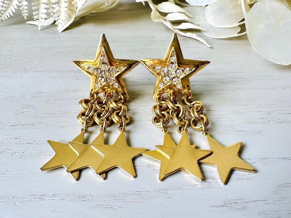Vintage Gold Star Earrings - Pave Rhinestone Chain Tassel Clip-On Dangle Earrings for Women | Perfect for Parties, Weddings & Evening Events