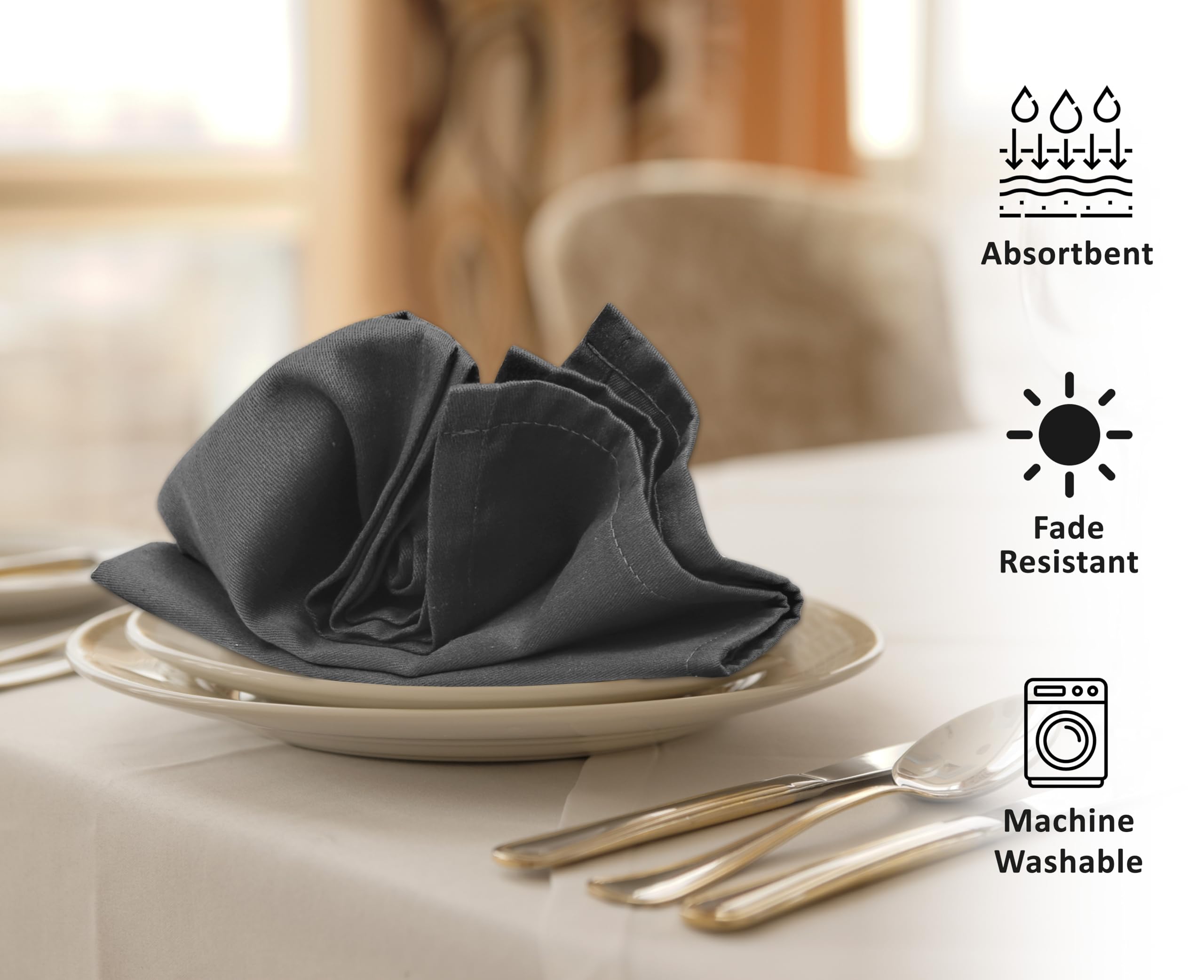 Premium Cotton Blend Washable Cloth Napkins Set of 12 - 18x18 Inch Soft & Absorbent Dinner Napkins for Restaurants, Weddings, Parties & Everyday Use - Dark Grey Table Linens for Elegant Dining & Special Occasions