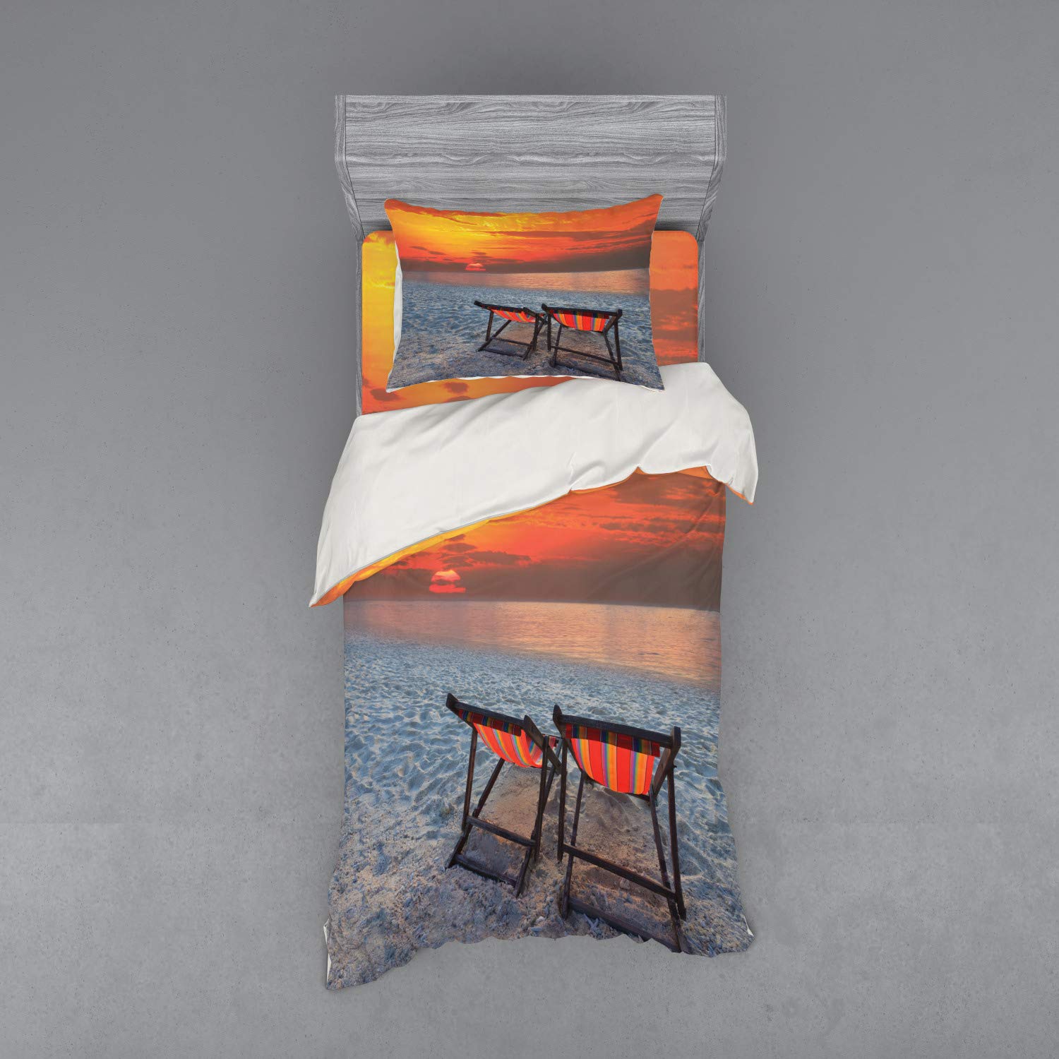 Ambesonne Coastal Bedding Set - 3 Piece Duvet Cover with Sham & Fitted Sheet, Twin Size, Orange Red Grey Beach Sunset Design - Perfect for Beach House Decor, Guest Room & Coastal Themed Bedrooms