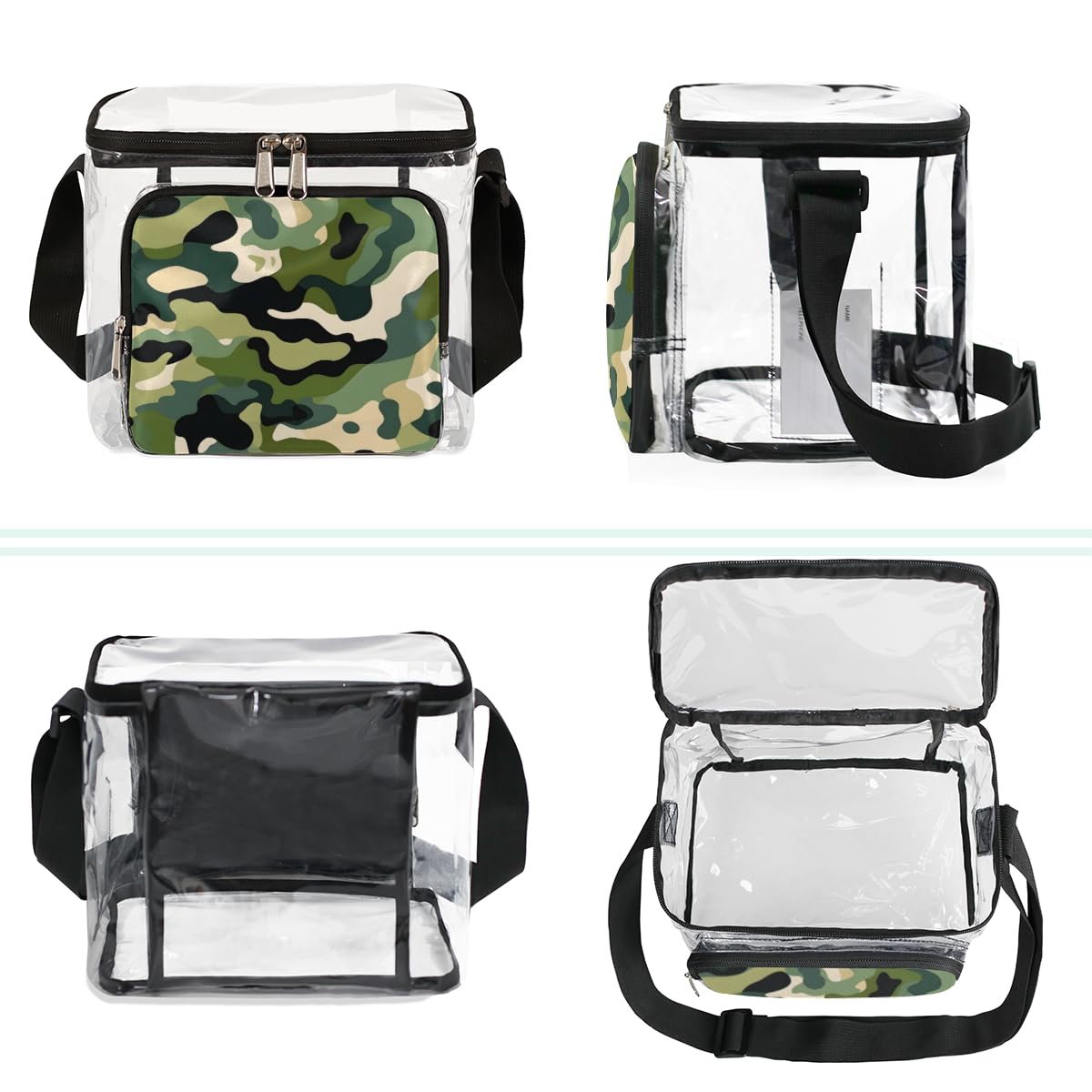 GzLeyigou Military Camo Clear Tote Bag with Handles - Fashionable Camouflage Green Transparent Crossbody Shoulder Bag for Lunch, Outdoor, Travel, Picnic, Concerts & Sports Events - Stadium Approved Multipurpose Carryall | Perfect for School, Beach, Shopping & Festival Essentials