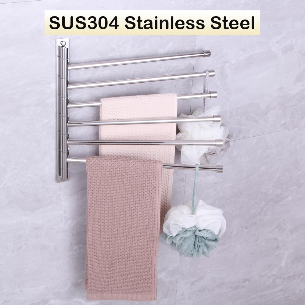 Stainless Steel Swing Out Towel Bar - 6-Arm Folding Towel Rack with Swivel Hanger, Wall Mount Bathroom Organizer for Hand & Kitchen Towels | Polished Finish for Modern Homes (Ideal for Small Spaces & Spa-Style Bathrooms)