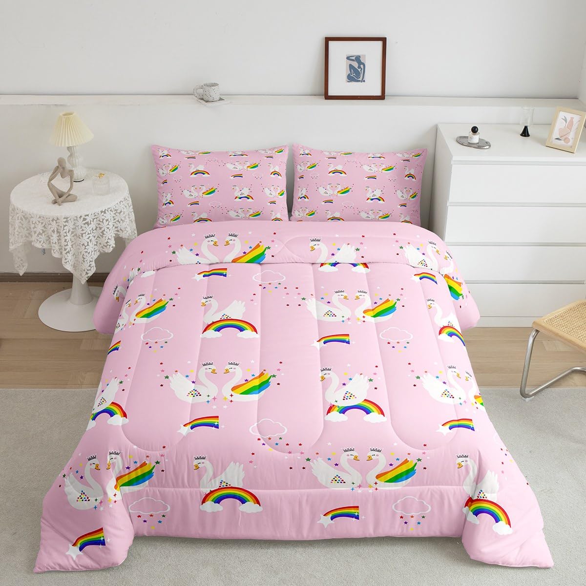 Erosebridal Twin Size Kids Comforter Set - Rainbow Swan Cartoon Duvet Cover with Watercolor Star Pink Quilted Insert | Cute Girls Bedroom Decor | Perfect for Children's Room, Nursery & Sleepover Fun