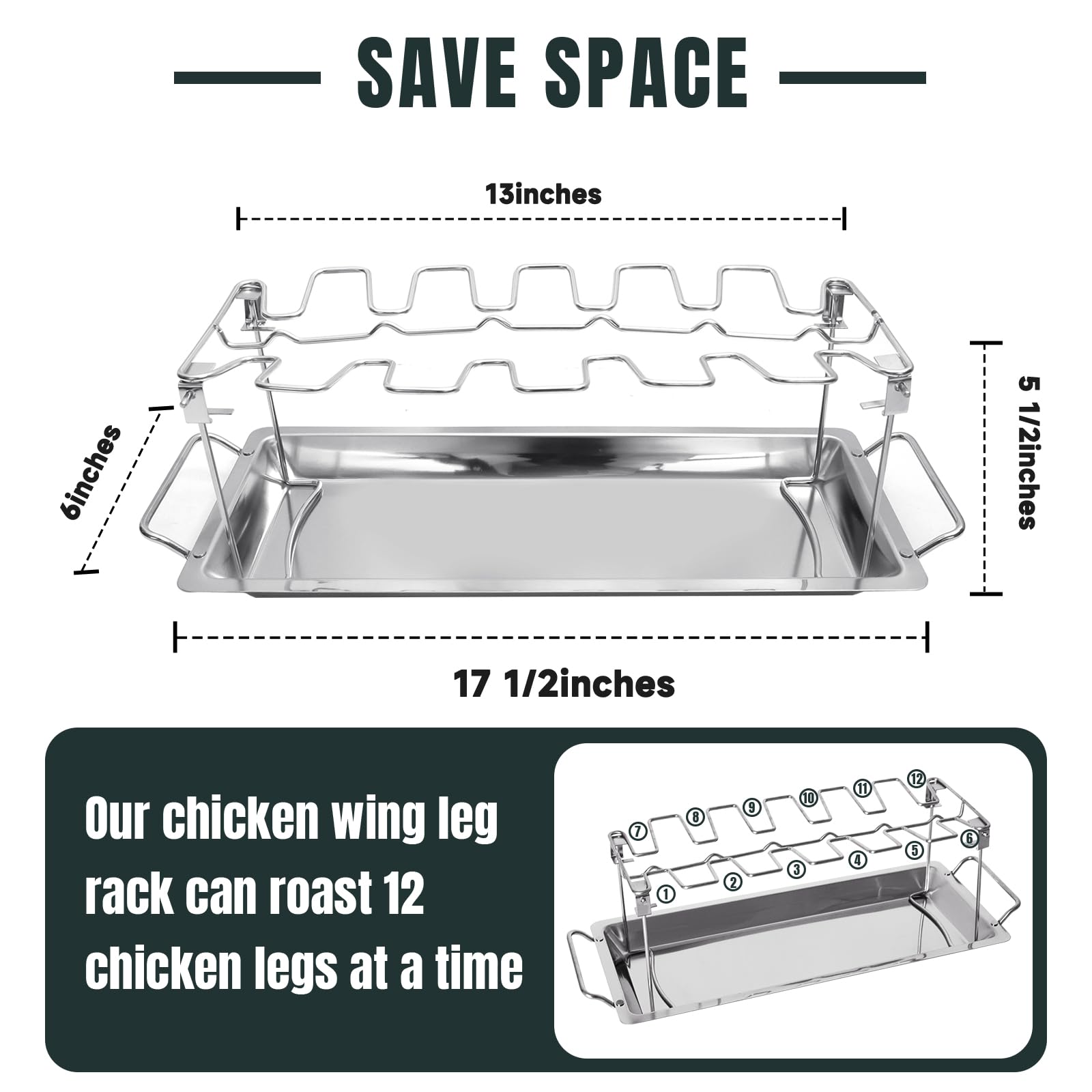 Stainless Steel Chicken Wing & Leg Rack - Holds 12 Drumsticks or Wings - BBQ Roaster Stand with Drip Tray for Kamado Joe, Big Green Egg, Smoker Grill & Oven - Perfect for Backyard BBQs, Tailgating & Outdoor Cooking