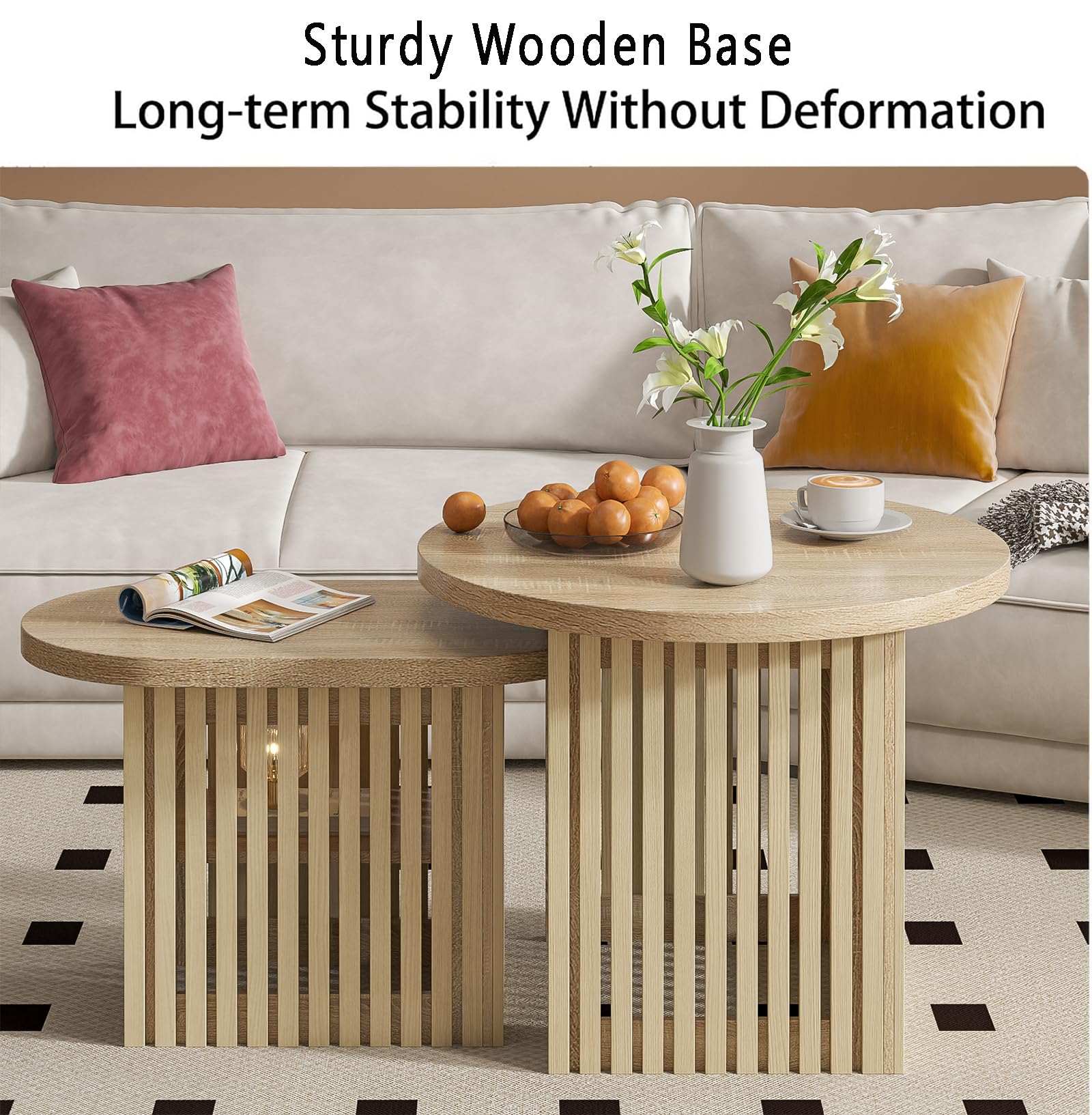 Modern Round Nesting Coffee Table Set of 2 with Fluted Panel & Storage Shelf - Natural Wood Living Room Accent Tables for Small Spaces, Sofa Side Tables, Home Decor