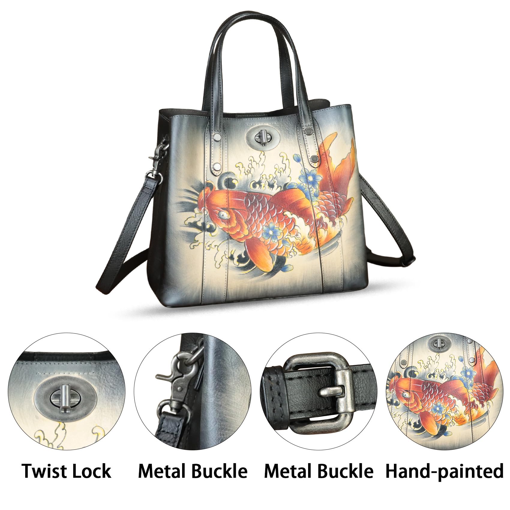 Genuine Leather Handbag for Women - Handcrafted Satchel Tote Bag with Hand-Painted Design, Casual Shoulder Purse for Work, Travel & Everyday Use