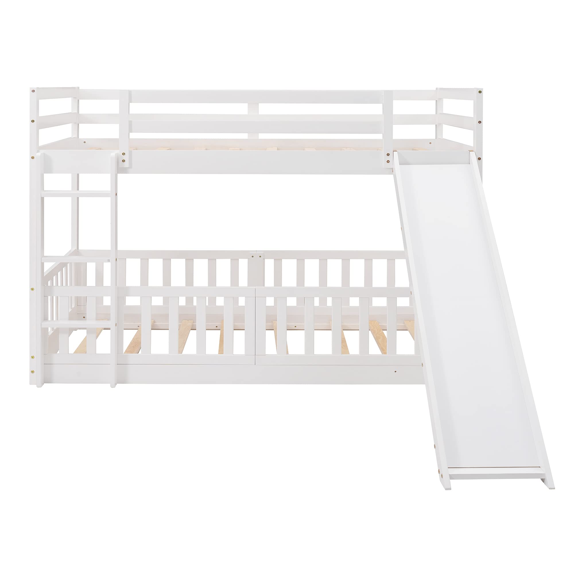 RUNNA Twin Over Twin Wood Bunk Bed with Convertible Slide & Ladder - Space-Saving Kids Bunk Bed Frame with Full-Length Guardrail - White & Wood Finish - Perfect for Small Bedrooms, Kids' Rooms & Shared Spaces