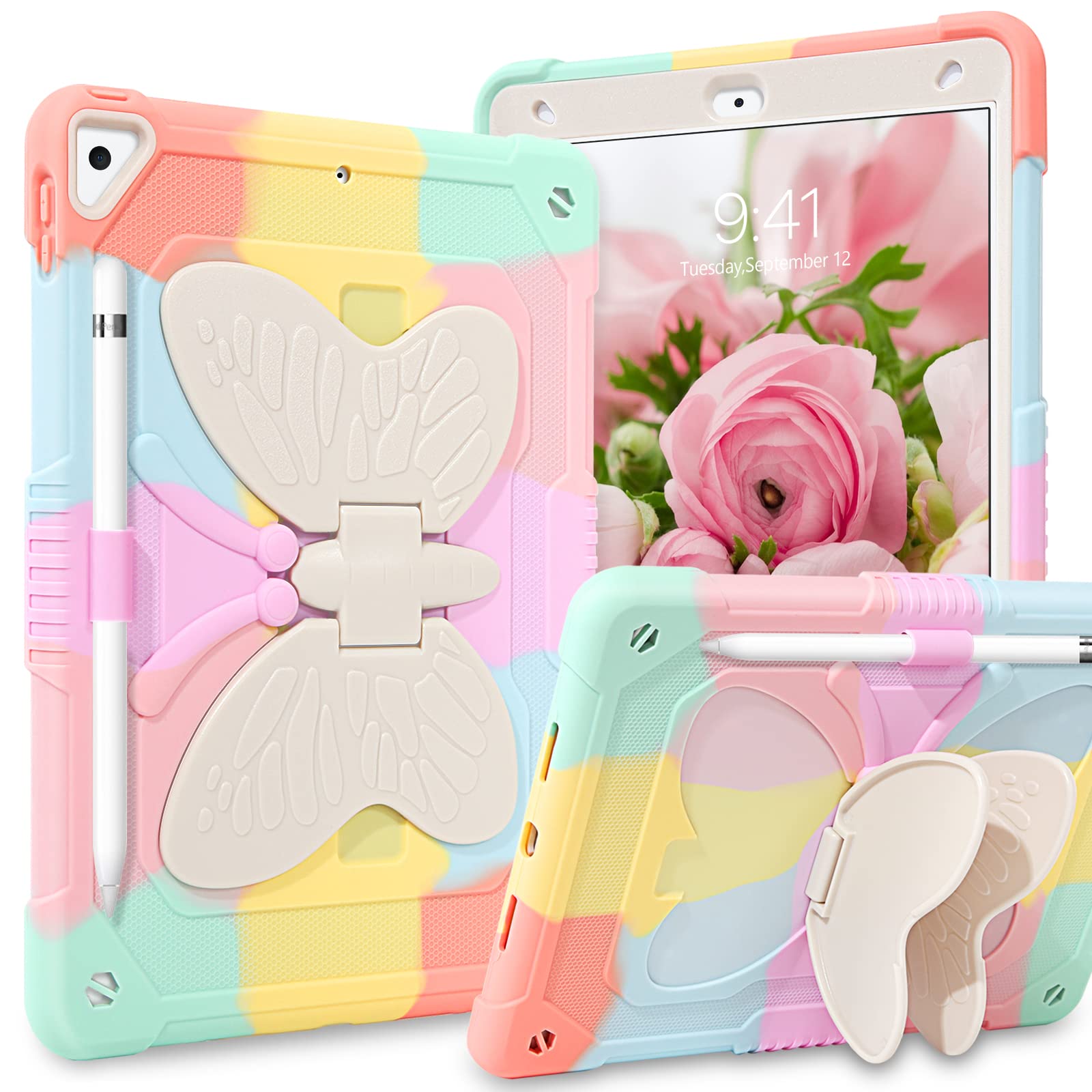YINLAI iPad 9th/8th/7th Generation Case & iPad Air 3 Case - 10.2 Inch Shockproof Protective Cover with Kickstand & Pencil Holder | Cute Butterfly Design for Girls, Kids & Women | Perfect for School, Work & Travel (Colorful Pink)