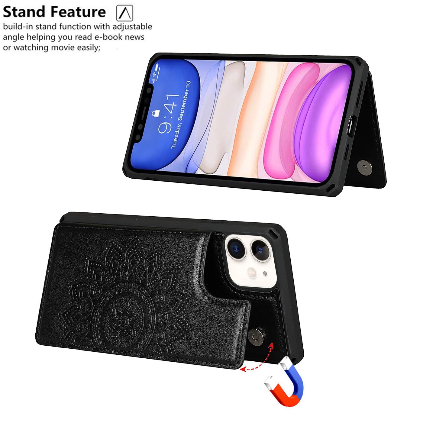 Premium Leather Wallet Case for iPhone 11 with Card Holder & Wrist Strap - Shockproof Protective Cover with Stand Feature (Black) | Perfect for Daily Commute, Travel & Hands-Free Convenience