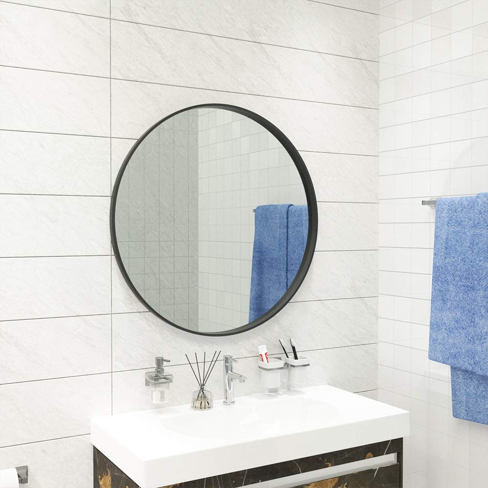 26-Inch Round Wall Mirror with Premium Brushed Metal Frame - Black Bathroom Vanity Mirror for Entryway, Living Room & Bedroom Decor - Perfect for Makeup, Home Decor & Small Spaces