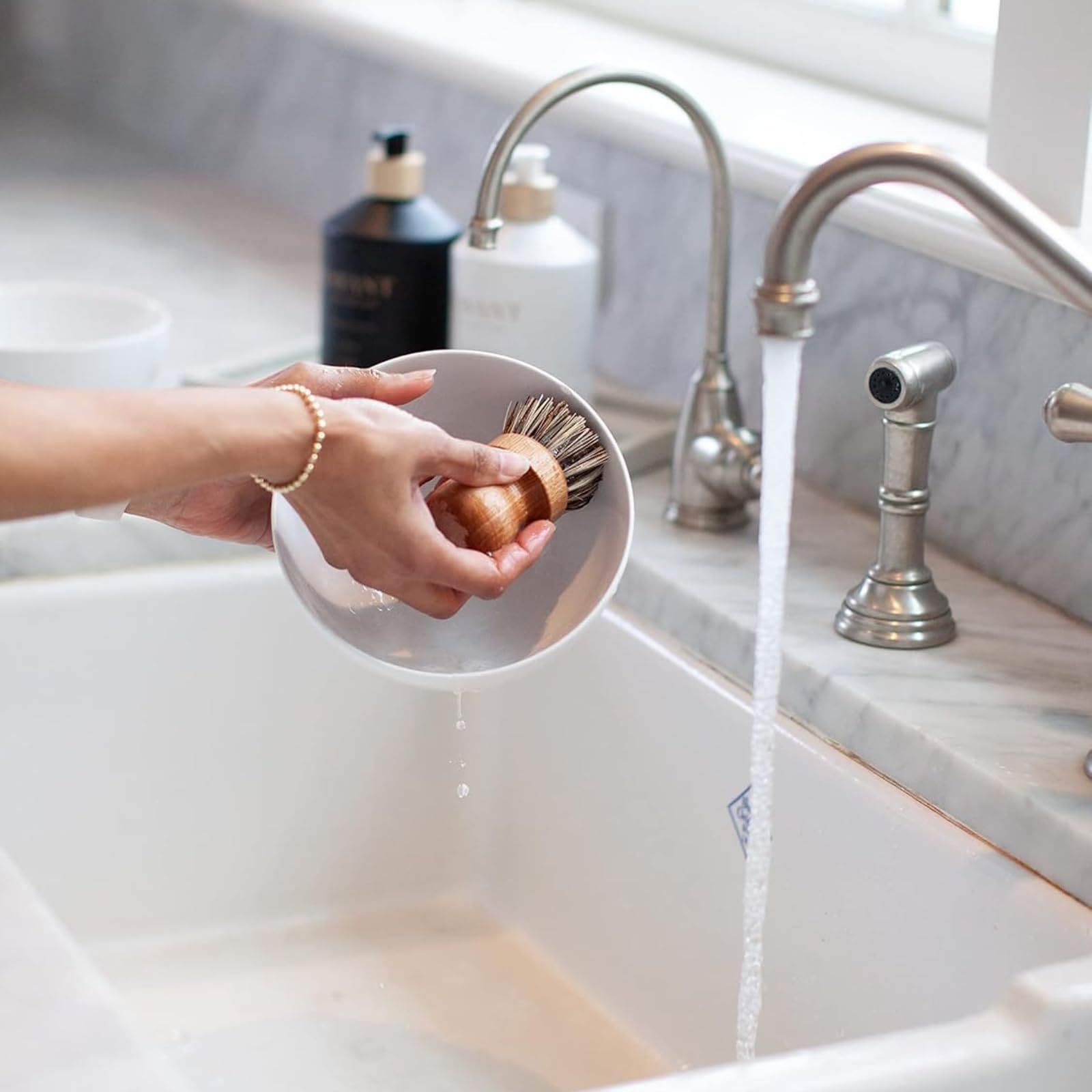 L'AVANT Collective Luxury Sink-Side Starter Bundle - Lucite Vanity Tray, Hand & Dish Soap, Hand Lotion in Reusable Glass Bottles & Bamboo Dish Scrubber | Elegant Kitchen & Bathroom Essentials | Perfect Hostess Gift Set (Fresh Linen Scent) for Home Spa, Bridal Shower & Housewarming Parties