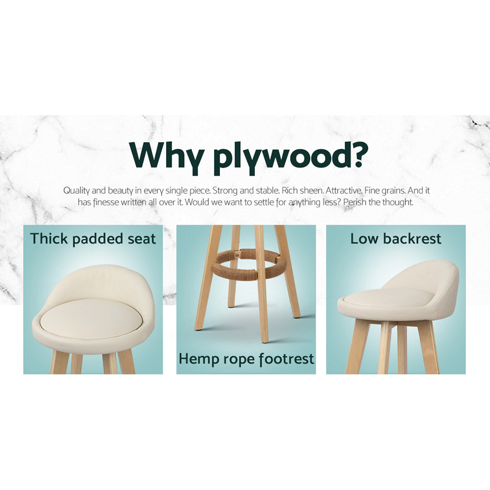 2 Padded Leather Bar Stools with Wooden Frame in Beige - Perfect for Kitchen Islands, Breakfast Bars & Home Decor