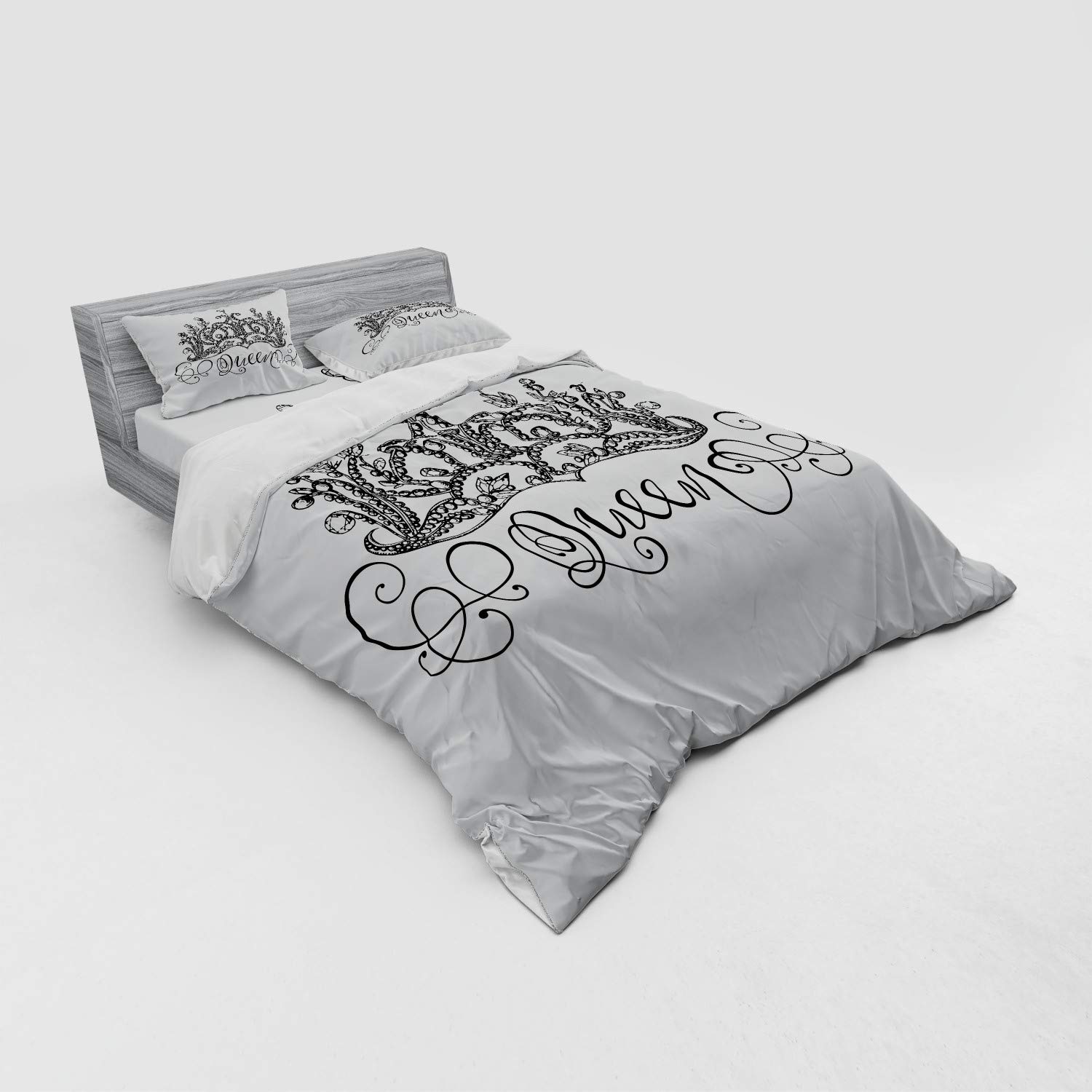 Ambesonne Queen Duvet Cover Set - Hand Drawn Crown & Queen Lettering Baroque Style 4-Piece Bedding with Shams & Fitted Sheet, Black & White - Perfect for Royal-Themed Bedrooms, Luxury Home Decor & Gift Ideas